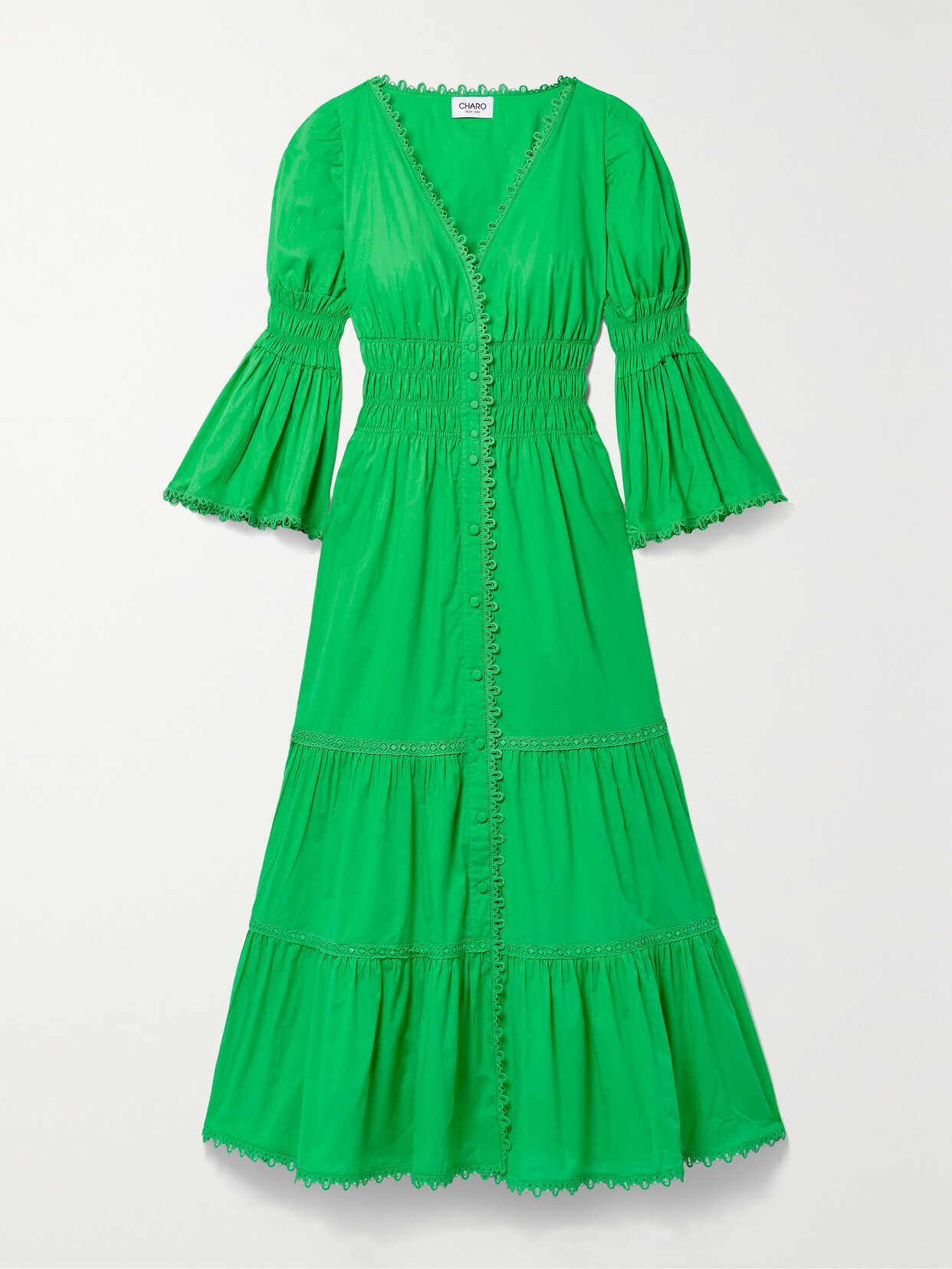 Charo Ruiz - Lipa Lace-trimmed Shirred Cotton-blend Poplin Maxi Dress - Green