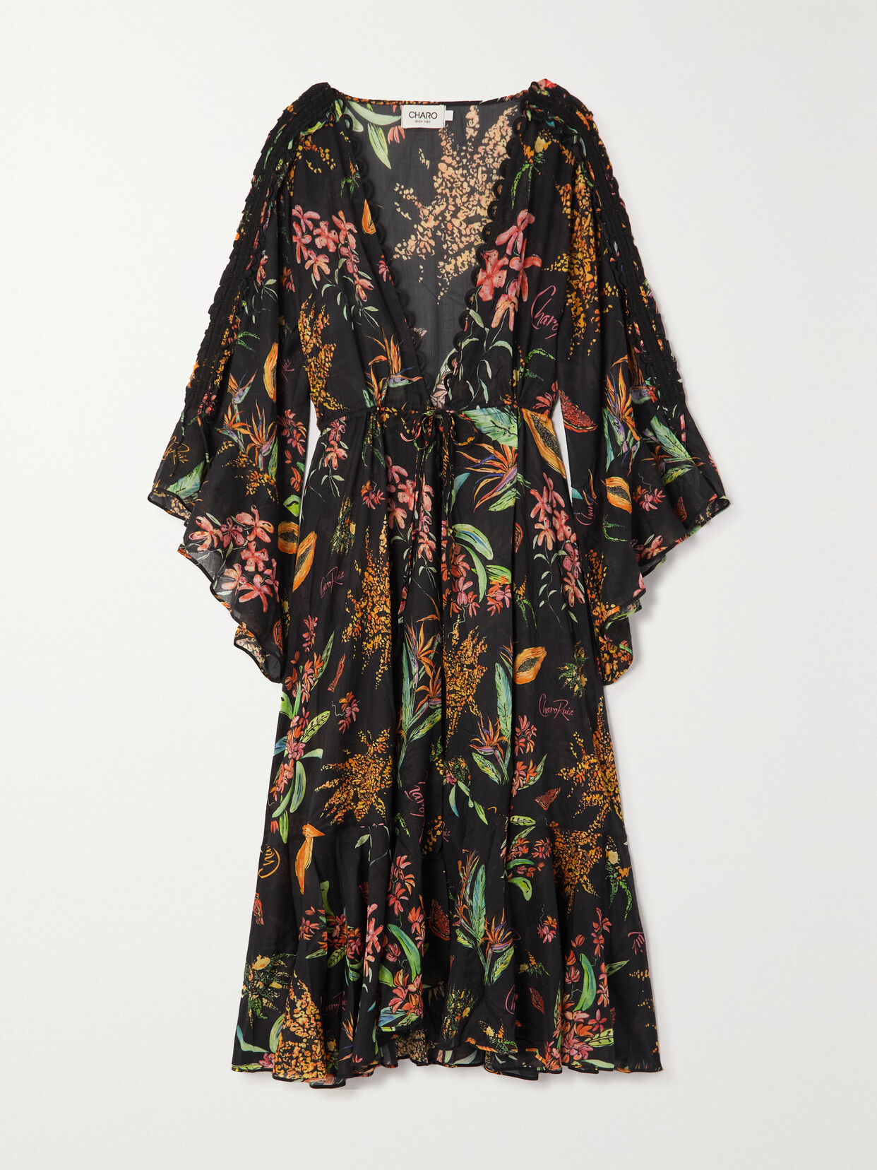 Charo Ruiz - Palm Guipure Lace-trimmed Printed Cotton-blend Voile Kaftan - Black