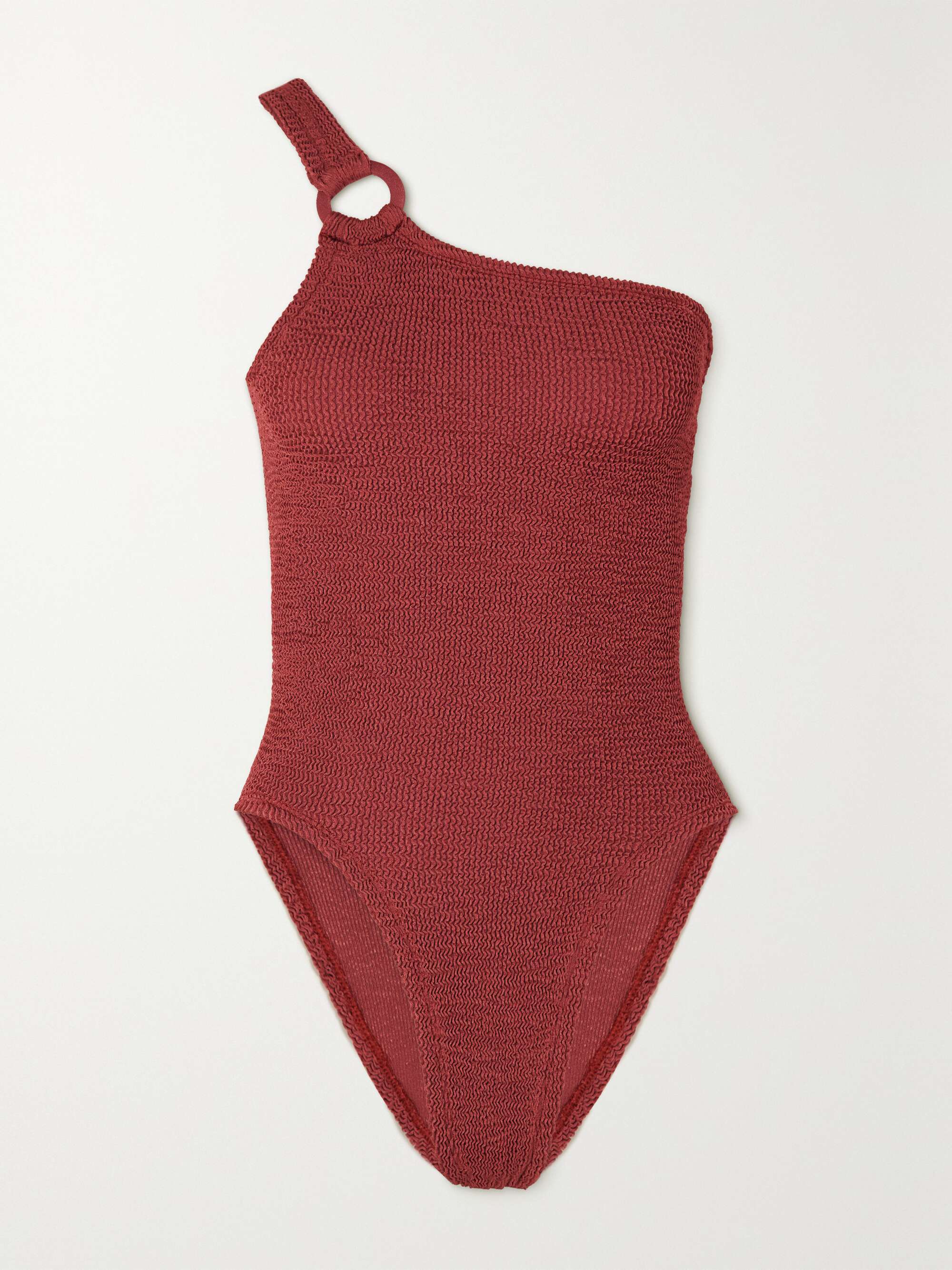 HUNZA G + Rose Inc Yasmeen oneshoulder seersucker swimsuit NETAPORTER