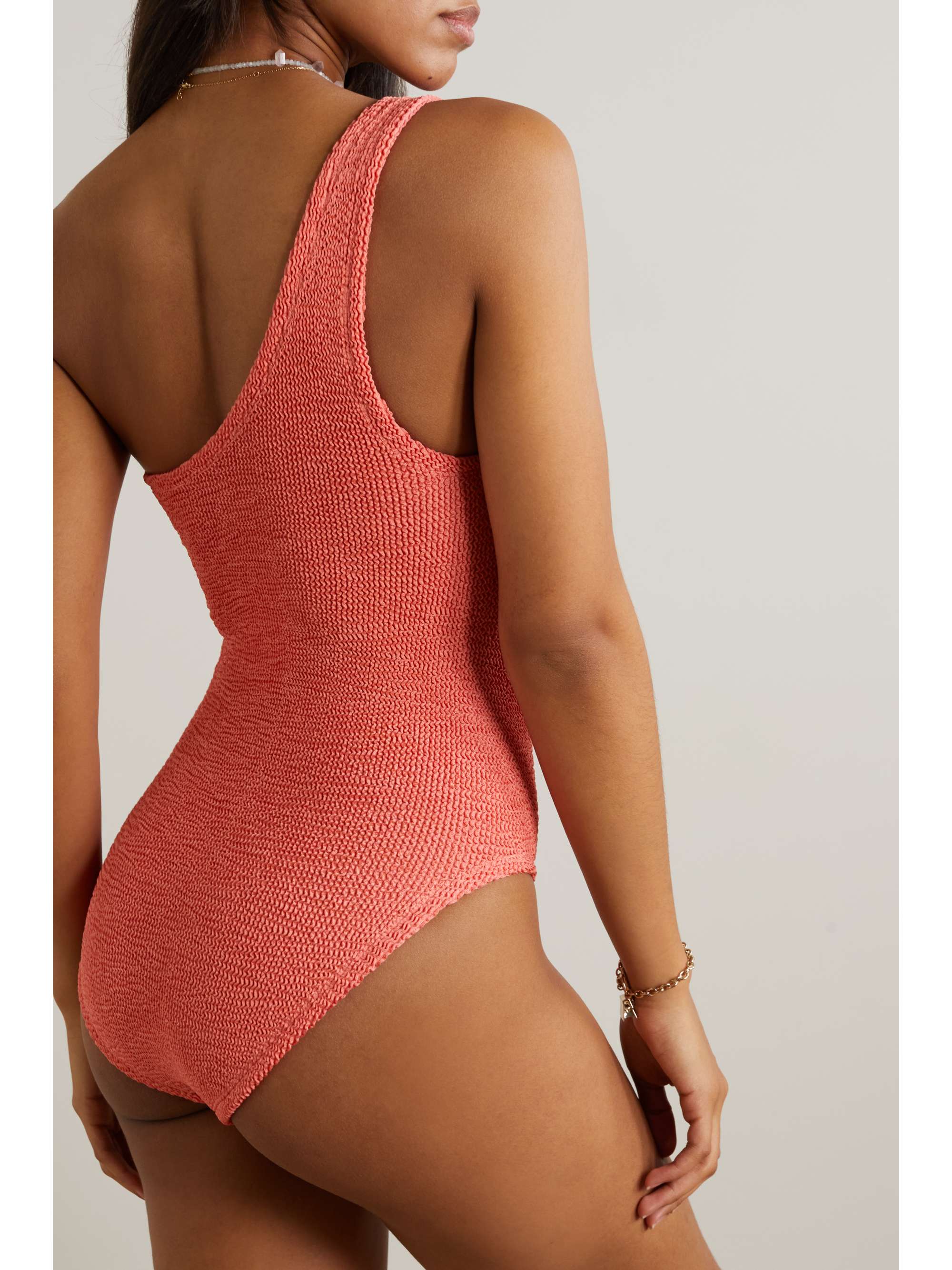 HUNZA G + Rose Inc Yasmeen one-shoulder seersucker swimsuit