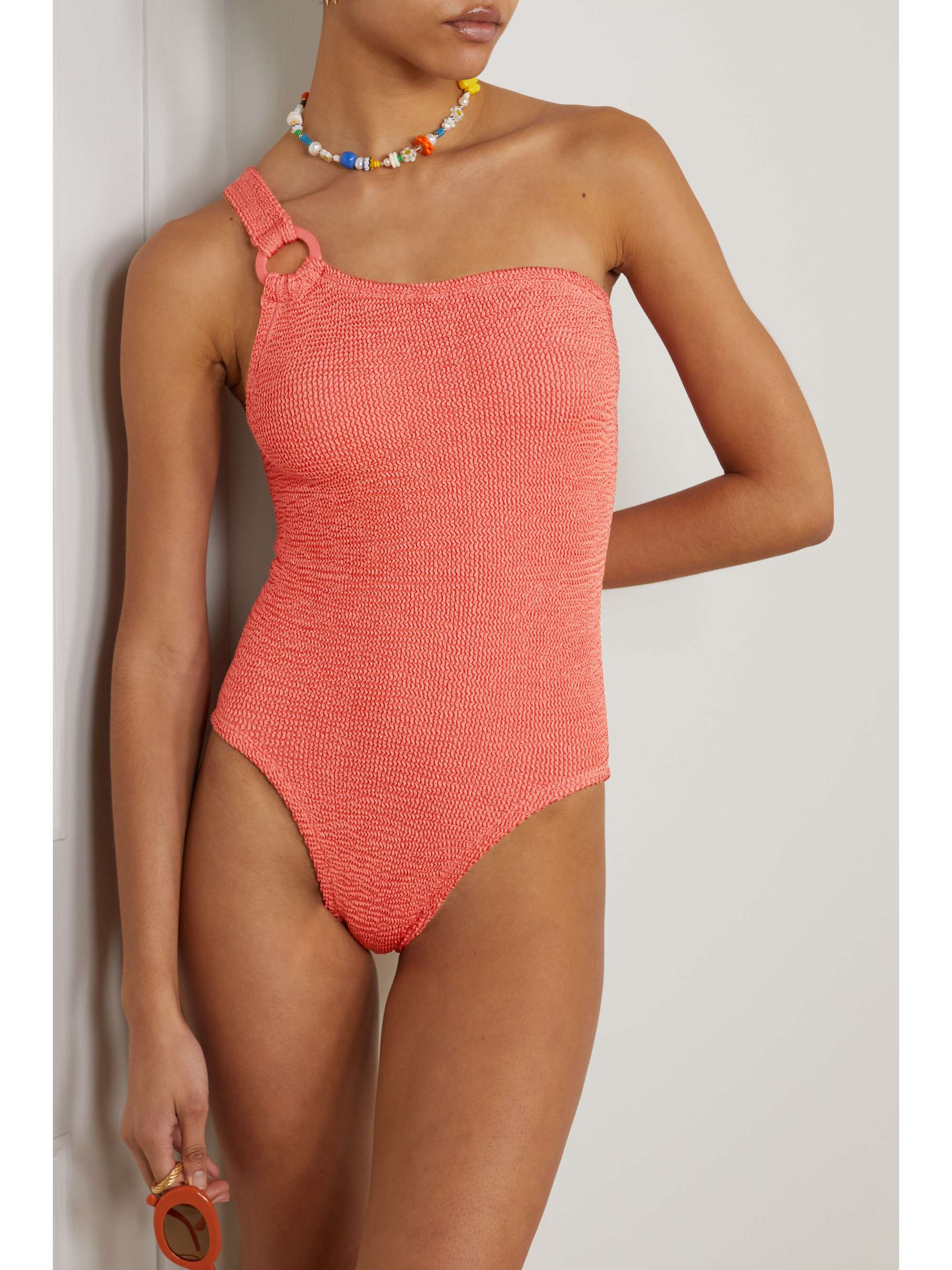 HUNZA G + Rose Inc Yasmeen one-shoulder seersucker swimsuit