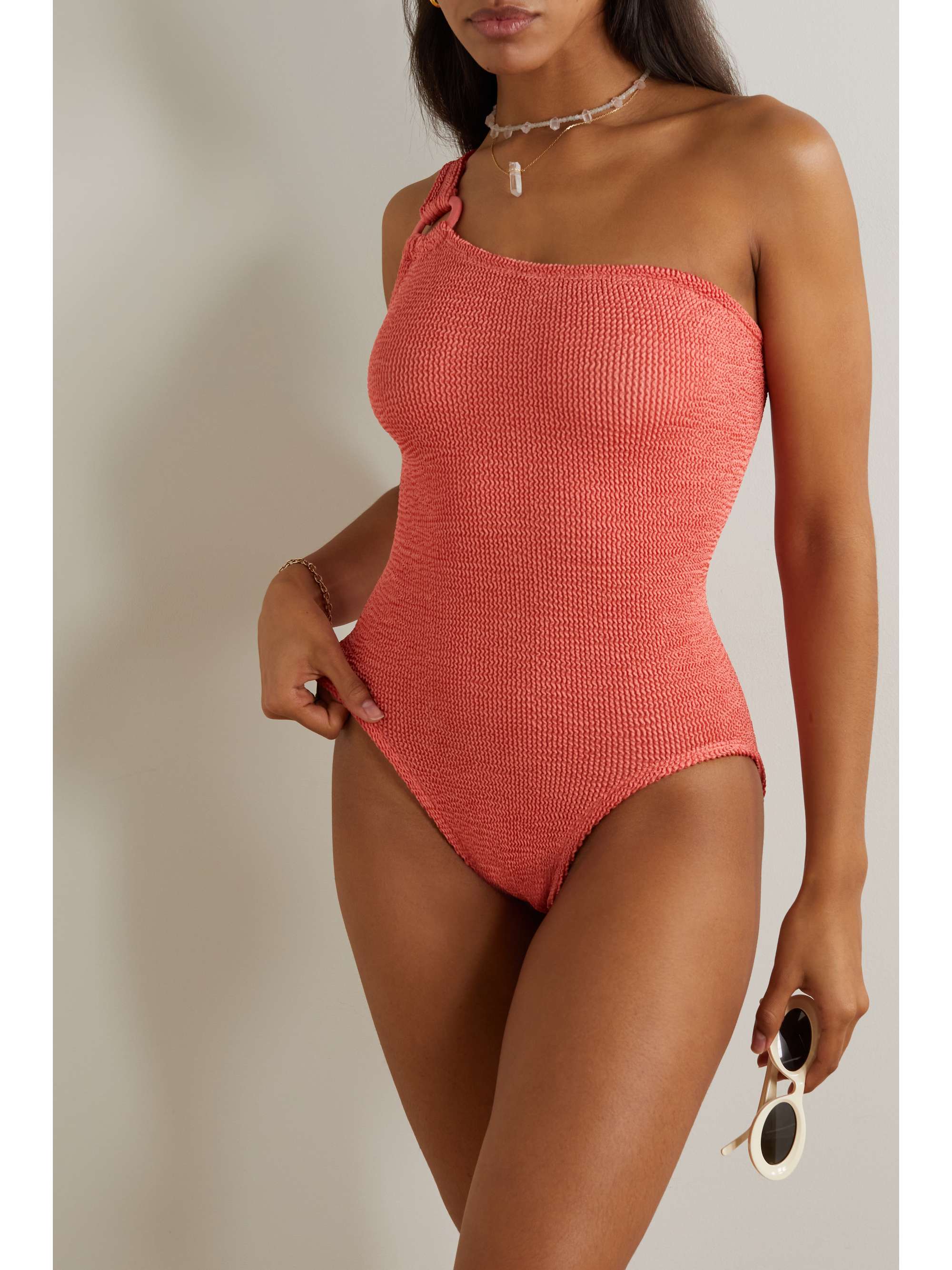 HUNZA G Rose Inc Yasmeen one shoulder seersucker swimsuit NET