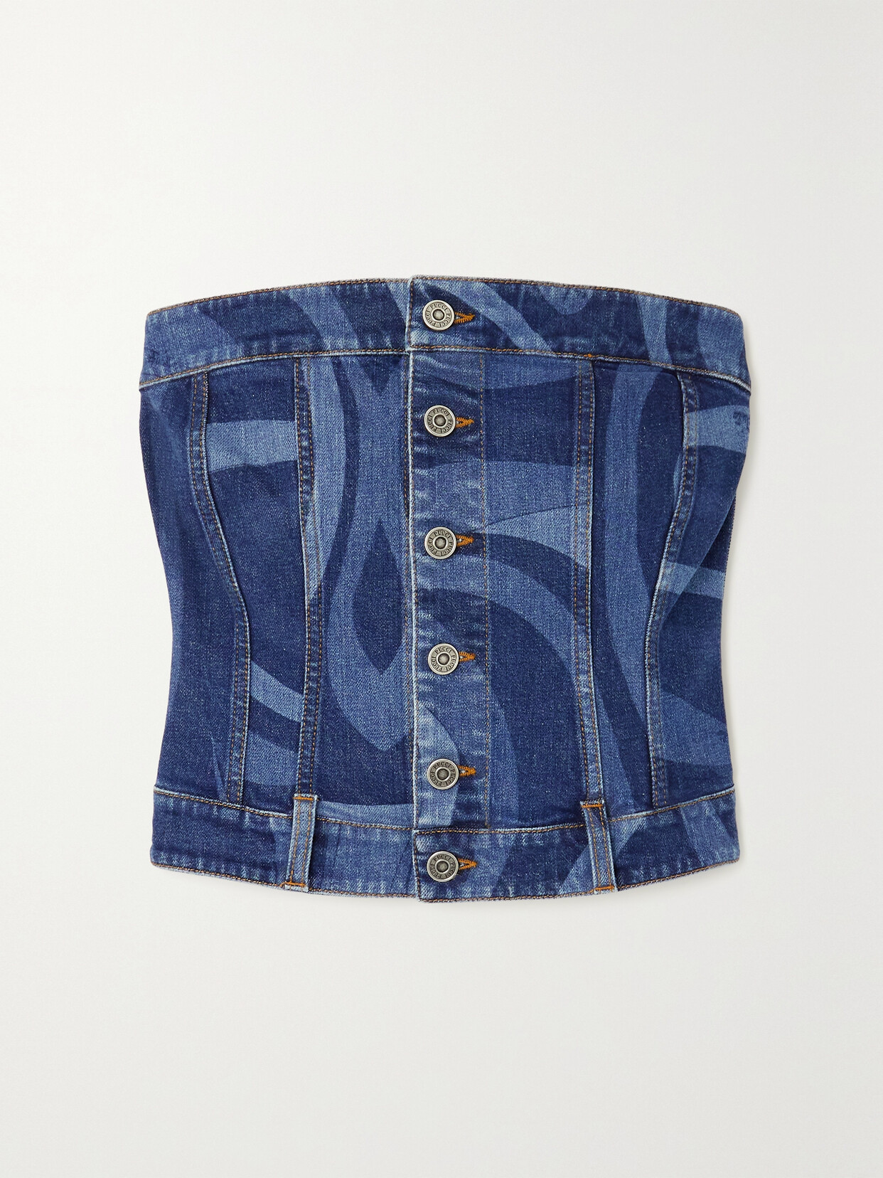 Shop Pucci Printed Stretch-denim Bustier Top In Blue