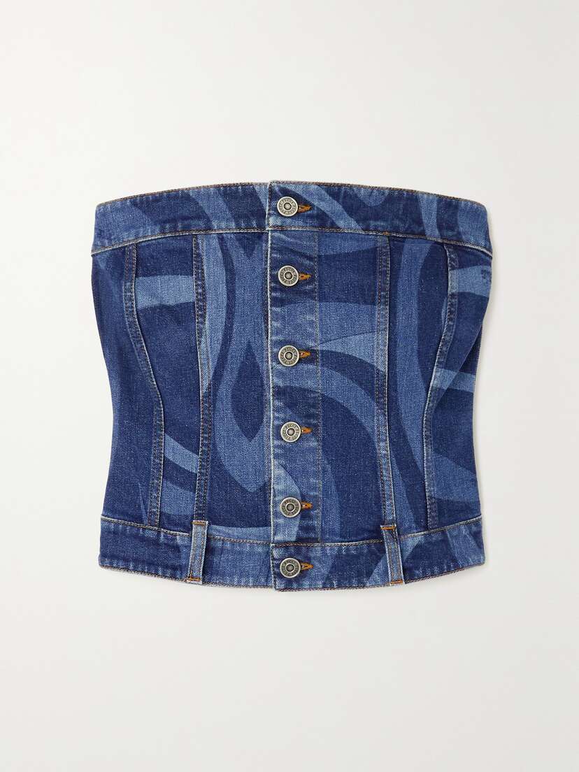 PUCCI Printed Stretch-denim Bustier Top