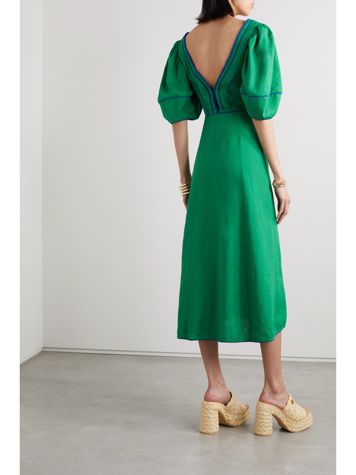 FARM RIO PIPED CUTOUT LINEN-BLEND MIDI DRESS
