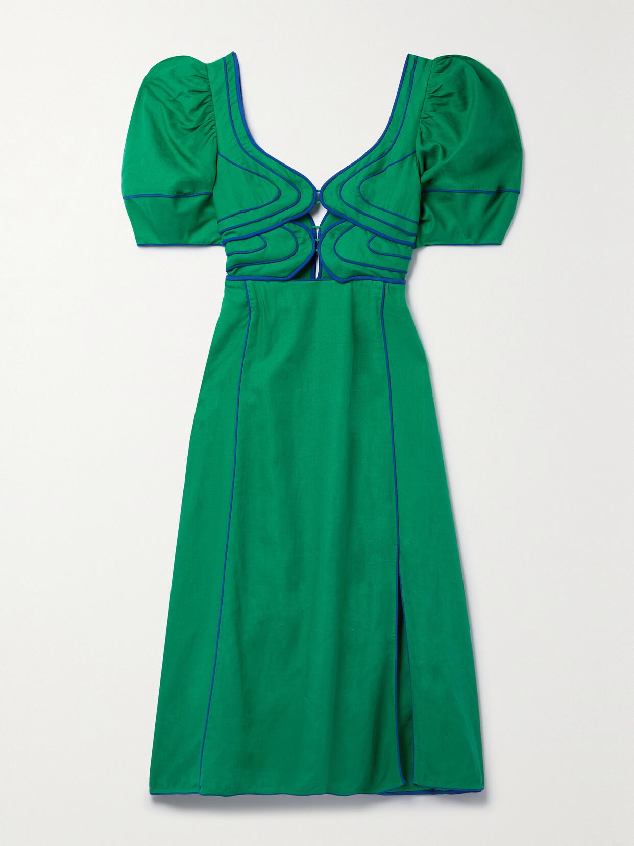 FARM RIO PIPED CUTOUT LINEN-BLEND MIDI DRESS
