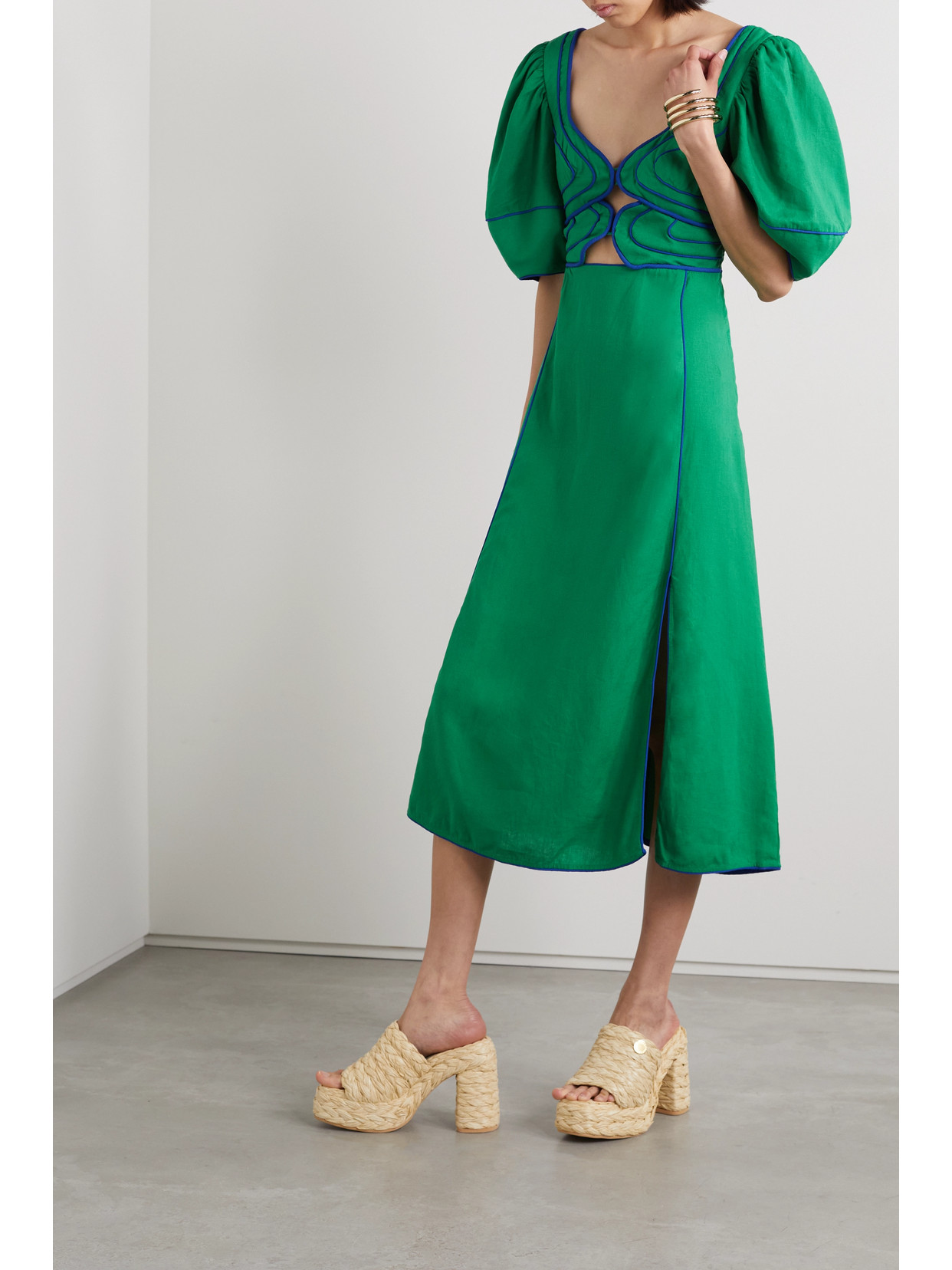 FARM RIO PIPED CUTOUT LINEN-BLEND MIDI DRESS
