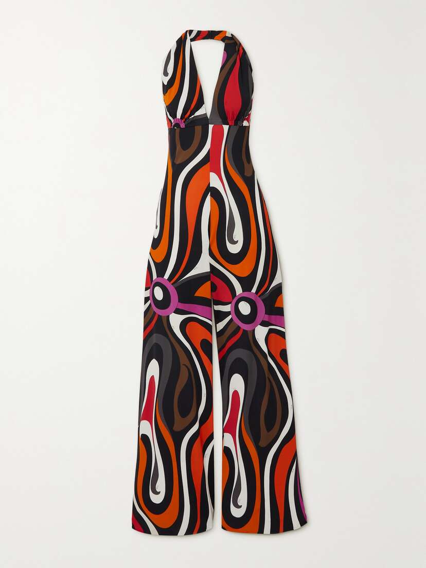 PUCCI Printed Silk Satin-trimmed Jersey Halterneck Jumpsuit