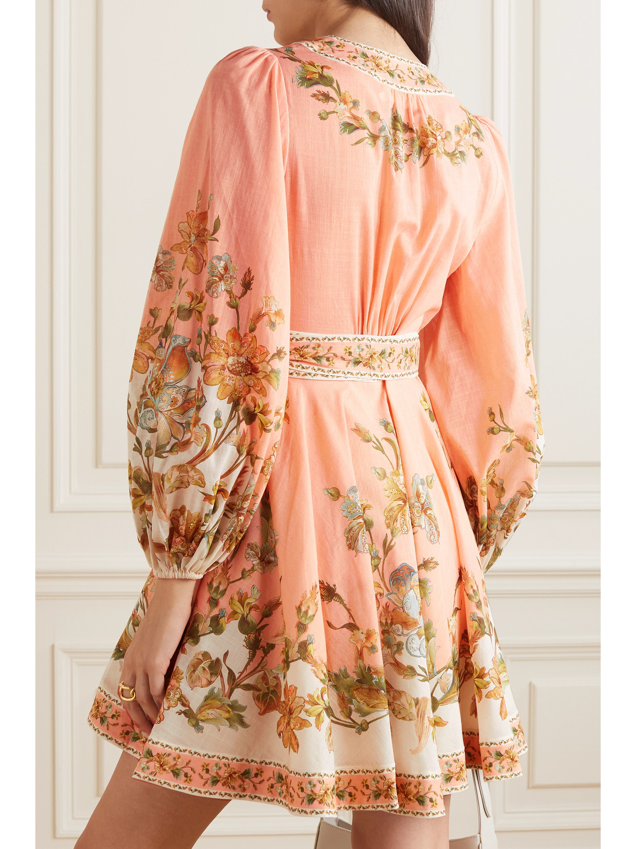 Shop Zimmermann Chintz Floral-print Cotton-voile Mini Wrap Dress In Orange