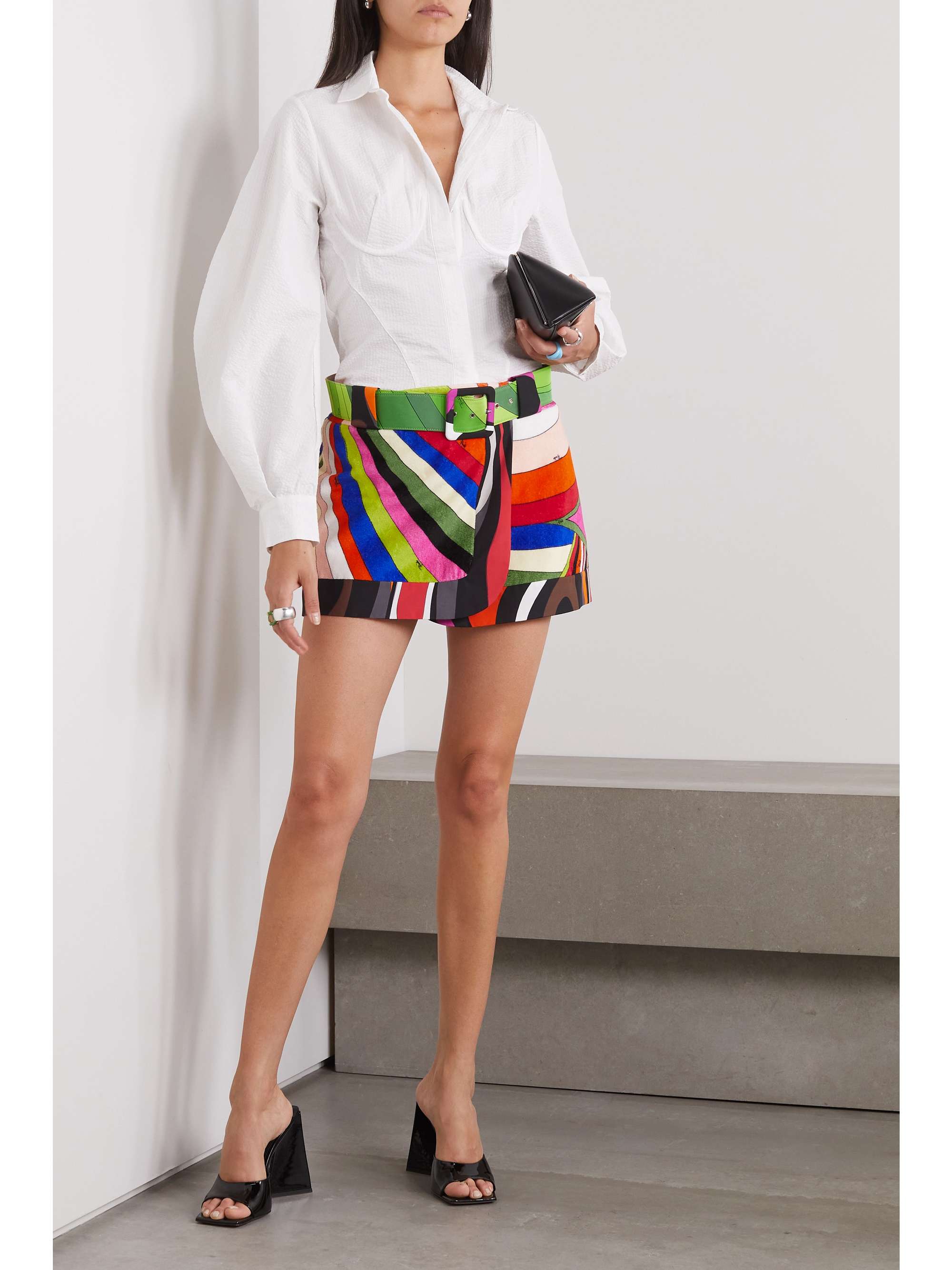 Iride belted printed cotton and terry mini wrap skirt