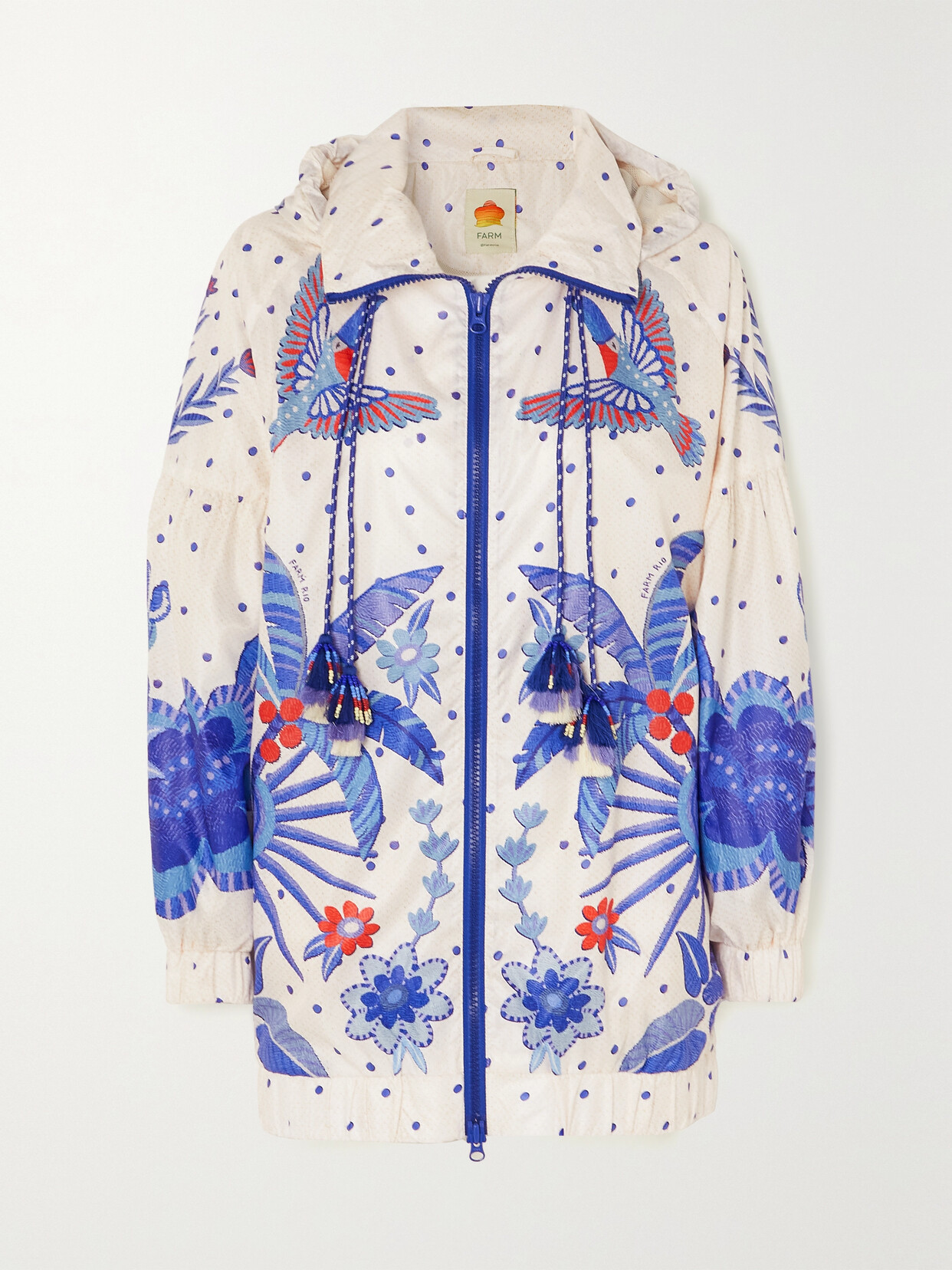 Farm Rio - Hooded Tasseled Printed Shell Jacket - Off-white