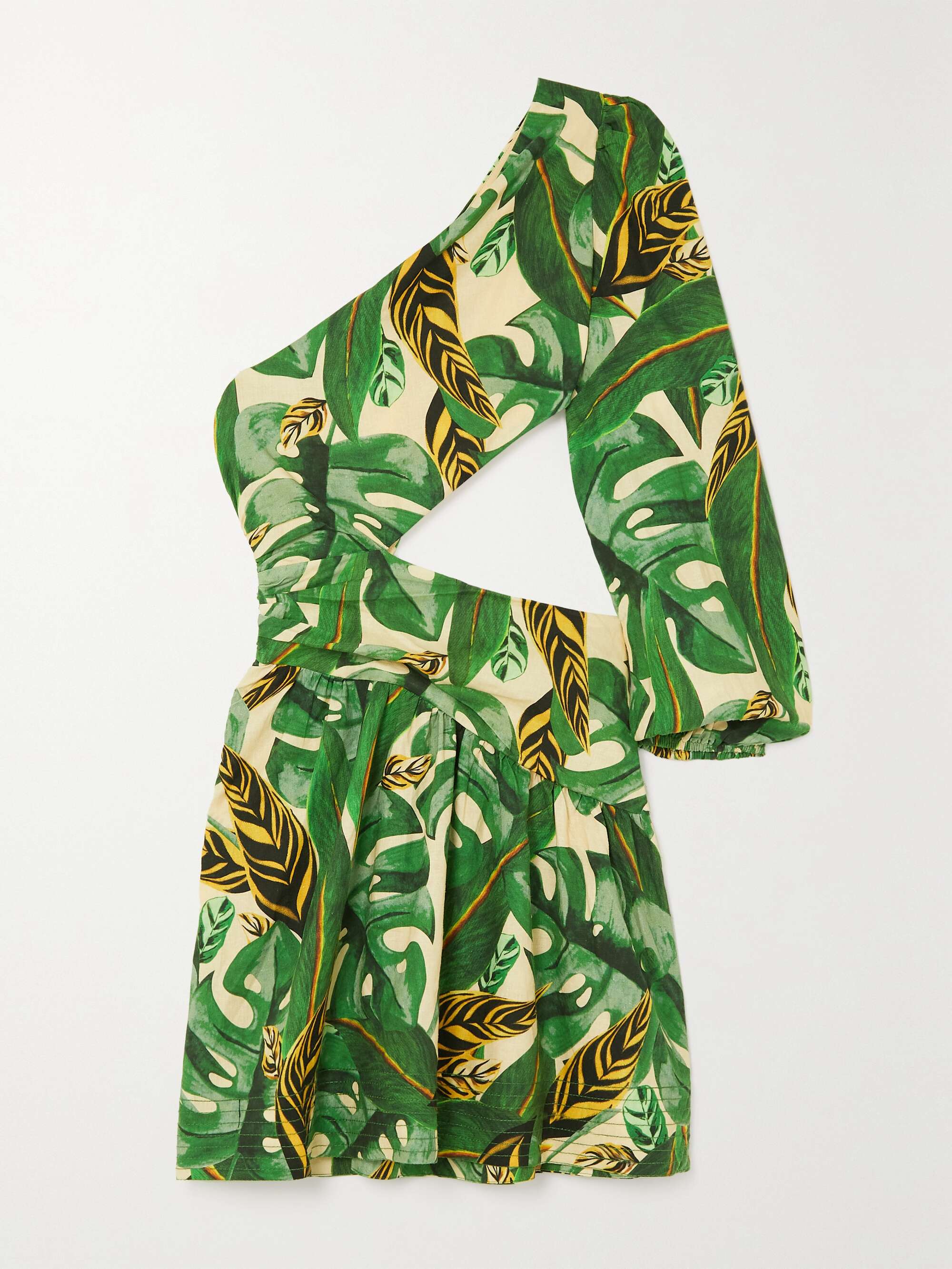 FARM RIO One sleeve cutout printed linen blend mini dress NET A