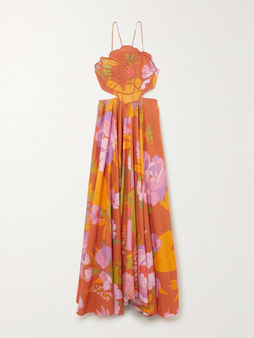 Farm Rio Cutout Embroidered Floral-print Linen-blend Maxi Dress - x large