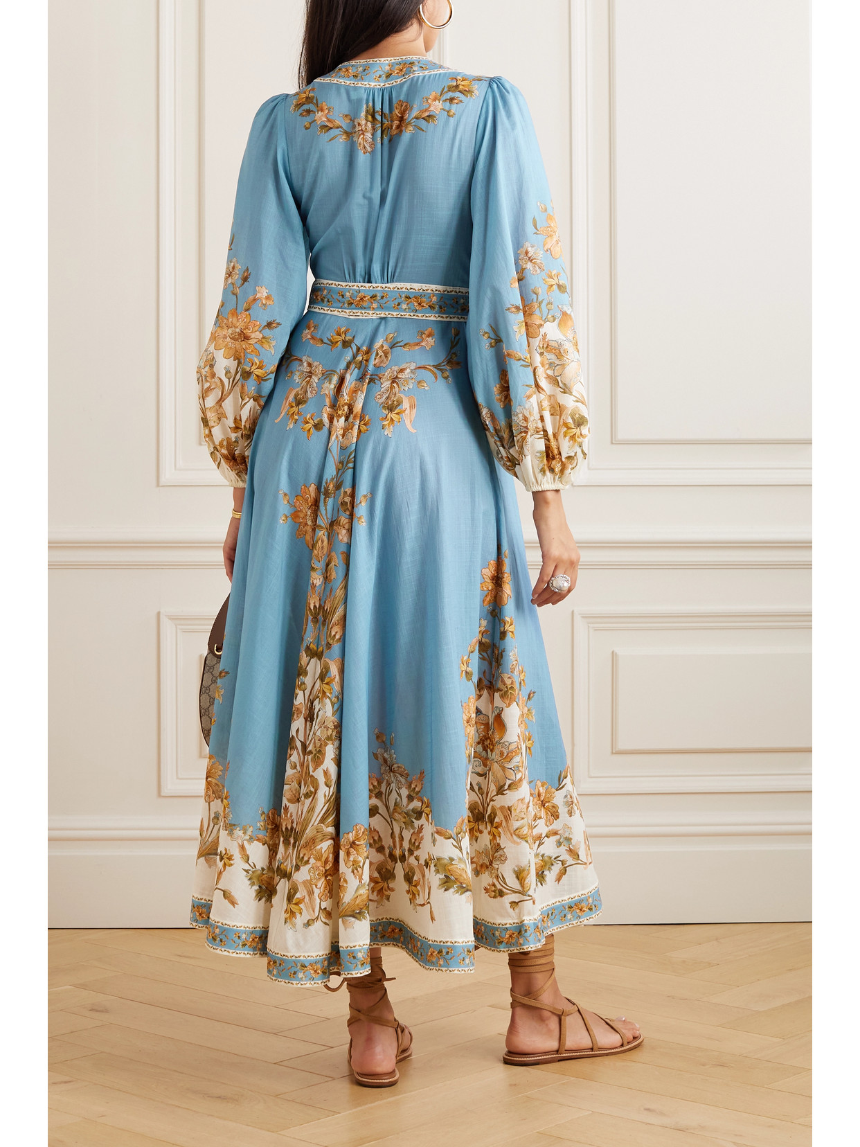 Shop Zimmermann Chintz Belted Floral-print Cotton Midi Dress In Blue