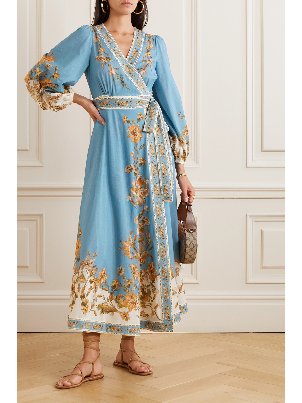 Shop Zimmermann Chintz Belted Floral-print Cotton Midi Dress In Blue