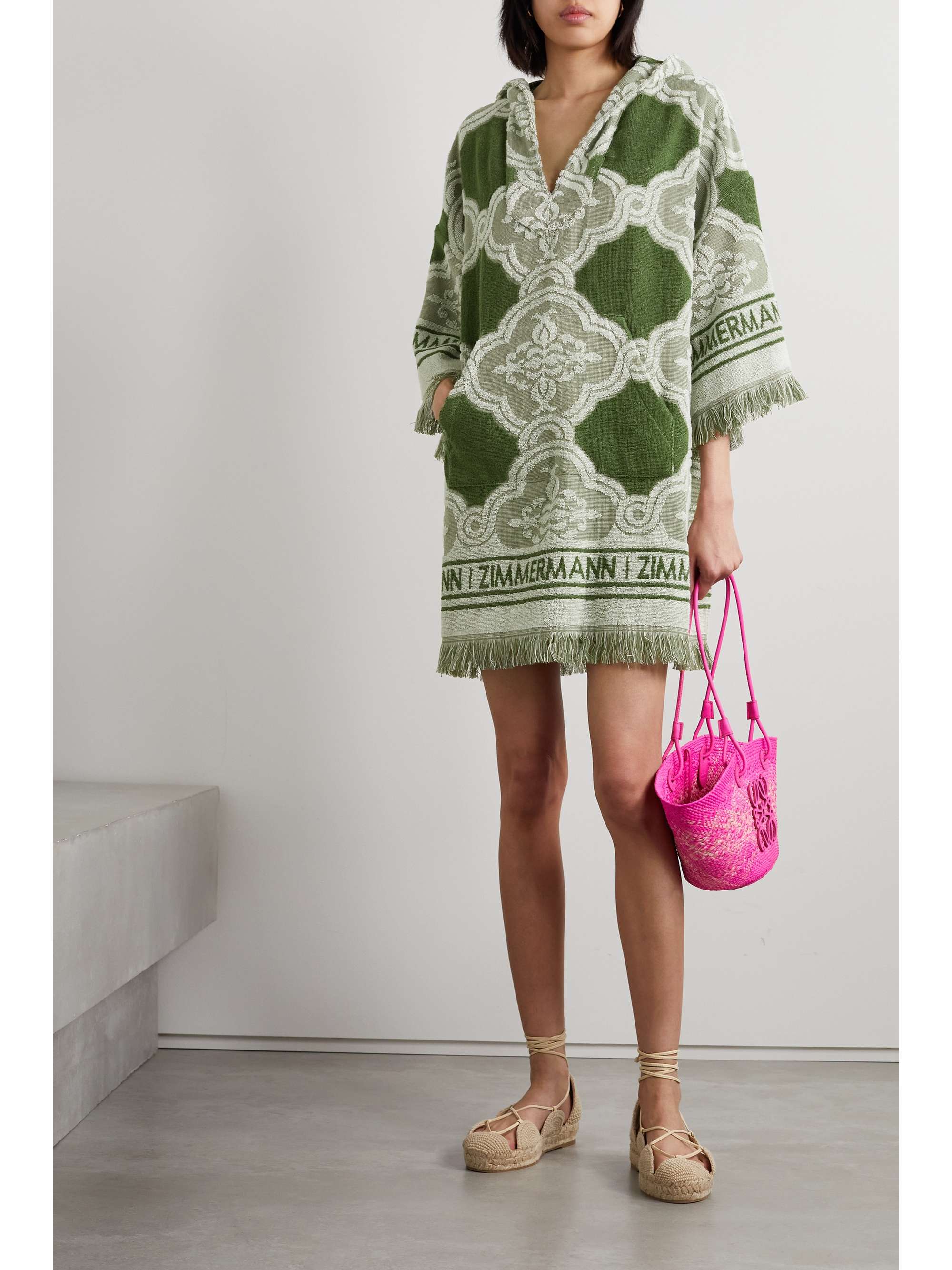 ZIMMERMANN Hooded fringed cotton-terry jacquard coverup | NET-A-PORTER