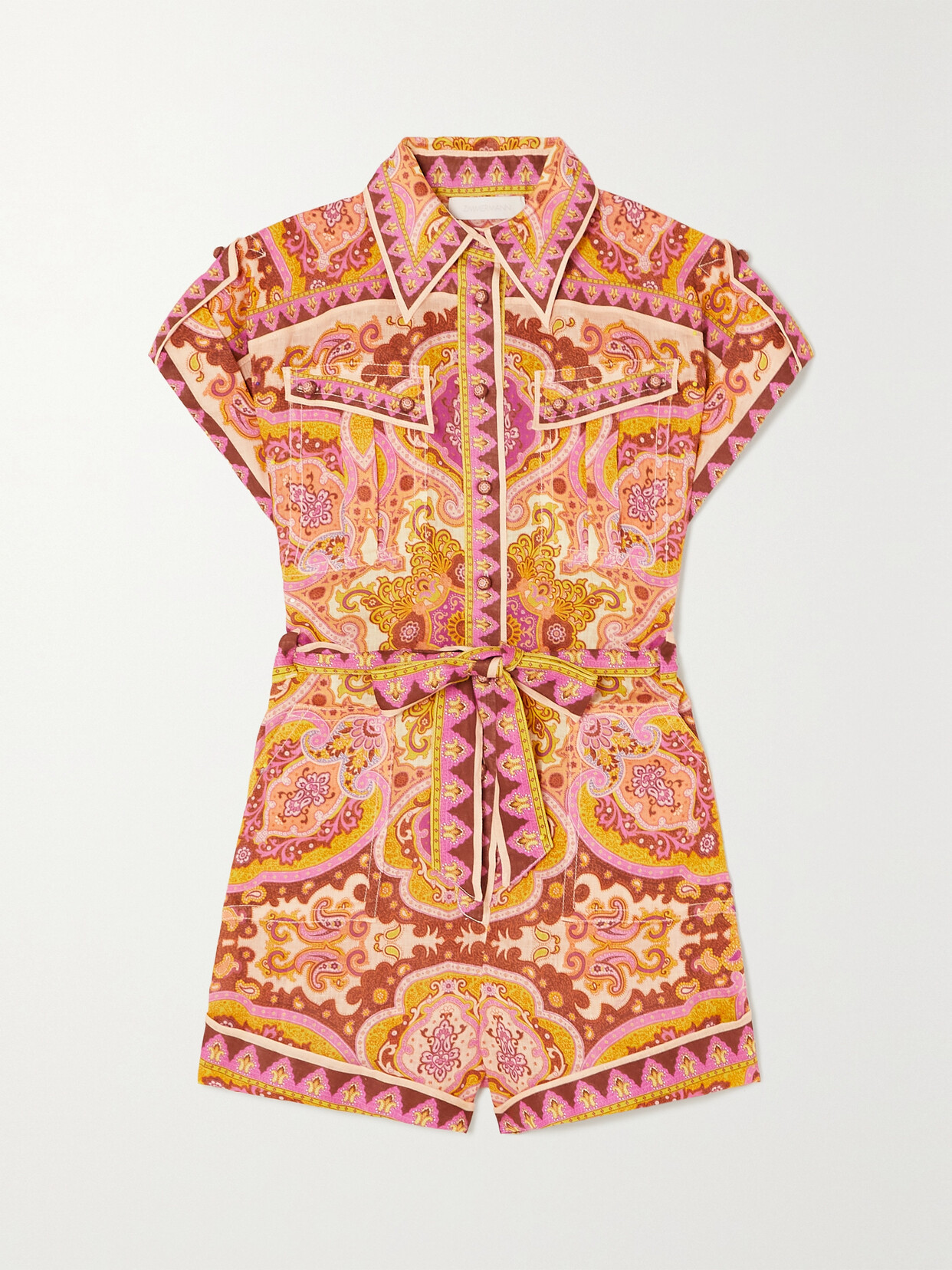 ZIMMERMANN HALCYON BELTED PAISLEY-PRINT LINEN PLAYSUIT