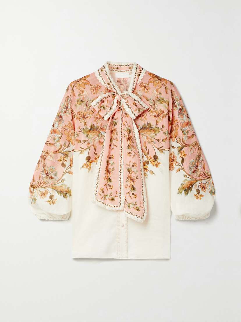 Zimmermann Chintz Embroidered Pussy-bow Floral-print Ramie Blouse