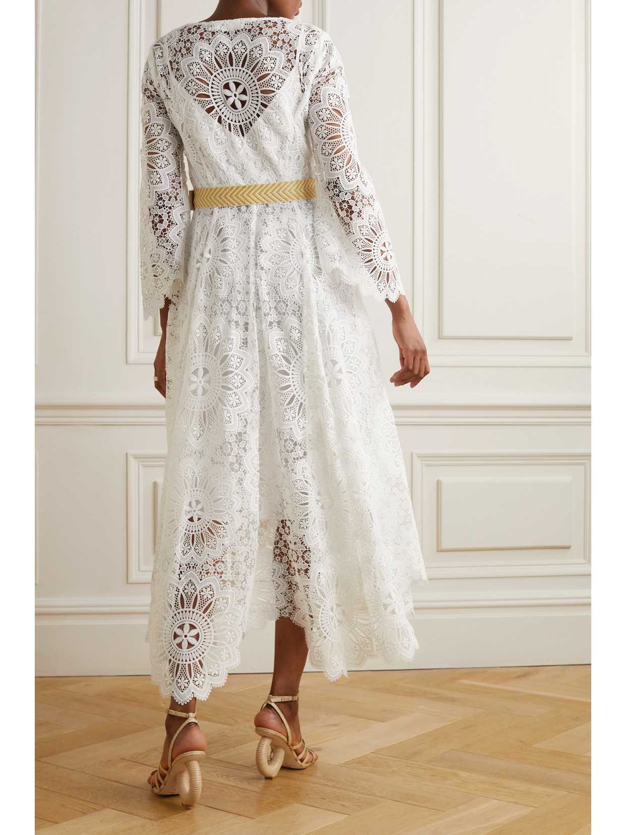 Zimmermann Chintz Doily Belted Asymmetric Guipure Lace Midi Dress In Ivory