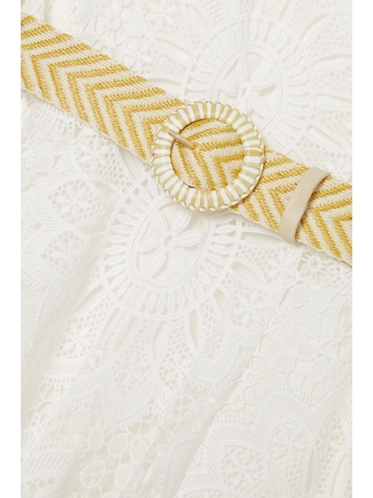 Zimmermann Chintz Doily Belted Asymmetric Guipure Lace Midi Dress In Ivory