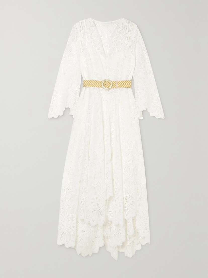 Zimmermann Chintz Doily Belted Asymmetric Guipure Lace Midi Dress