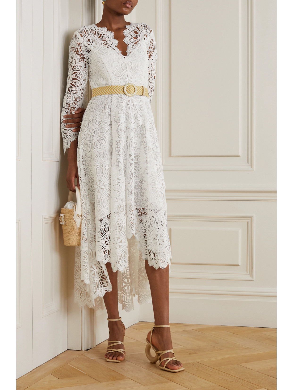 Zimmermann Chintz Doily Belted Asymmetric Guipure Lace Midi Dress In Ivory