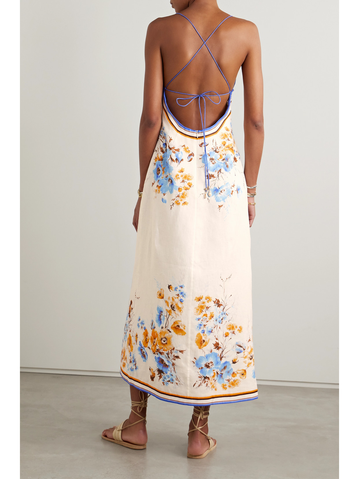 Shop Zimmermann Halcyon Printed Linen Midi Dress In Cream