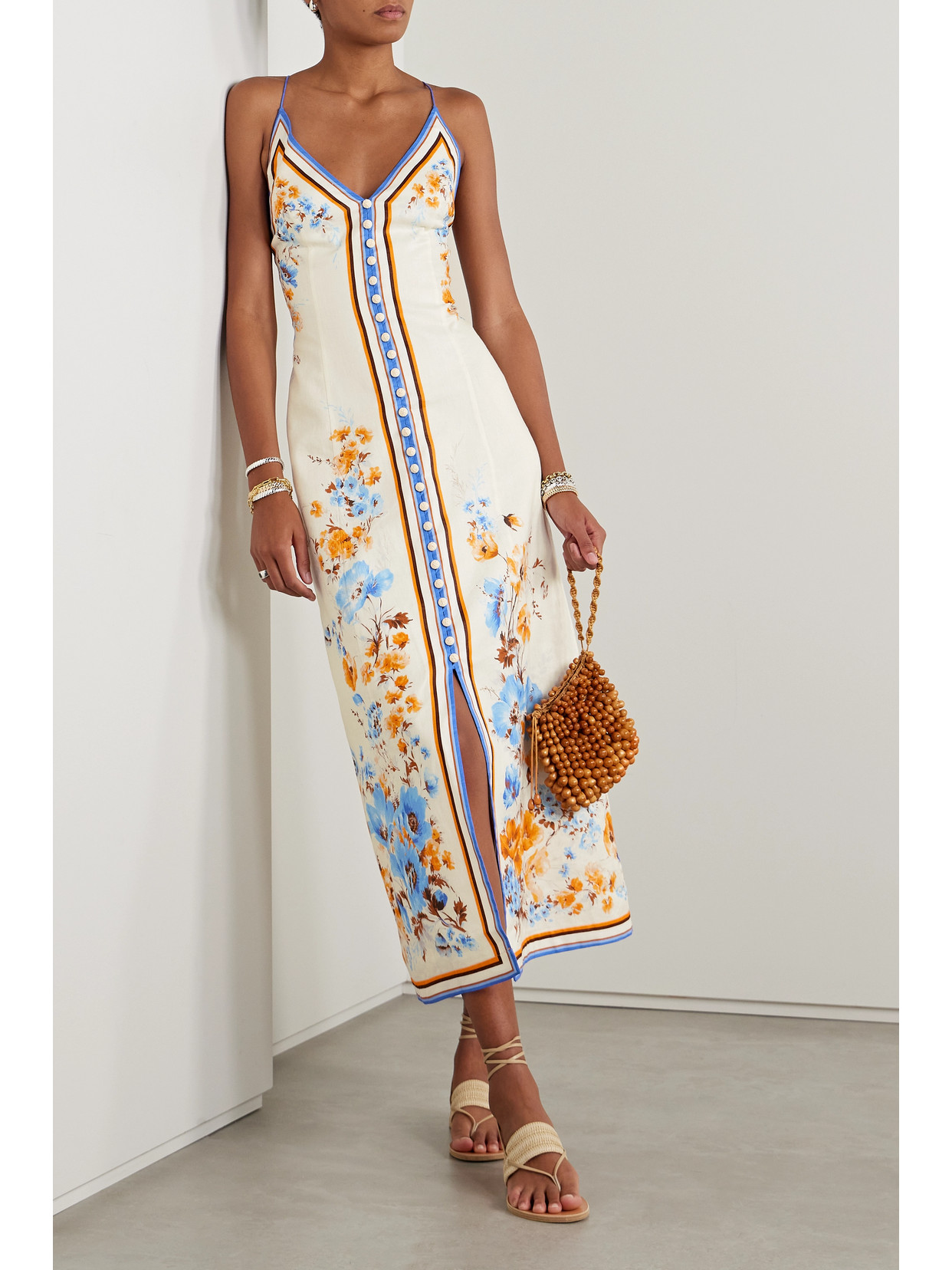 Shop Zimmermann Halcyon Printed Linen Midi Dress In Cream
