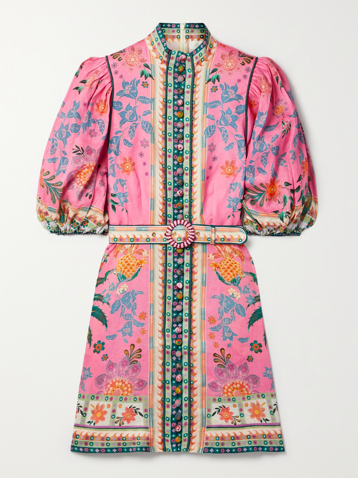Zimmermann Ginger Belted Floral-print Linen Mini Dress