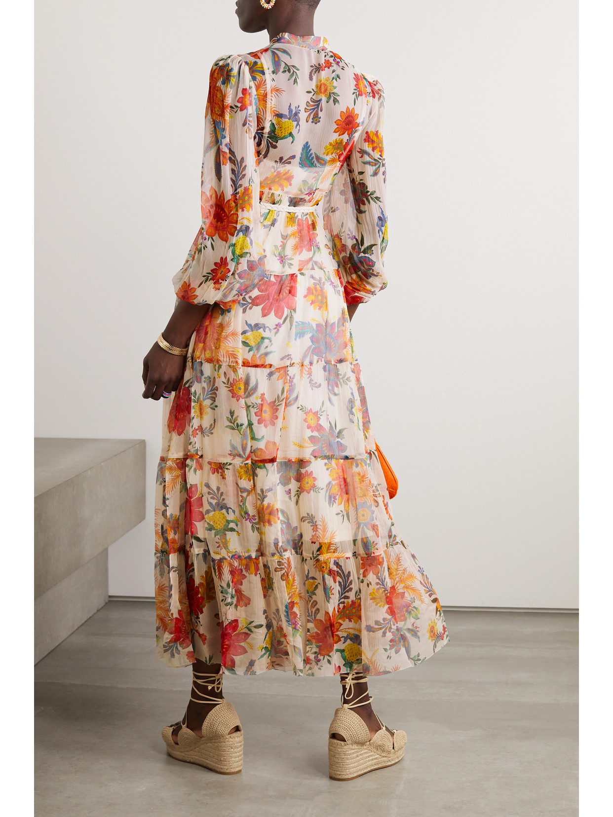 Zimmermann Belted Tiered Floral-print Recycled-georgette Maxi Dress In Ecru
