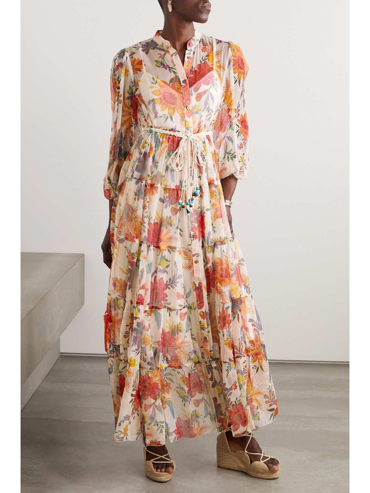 Zimmermann Belted Tiered Floral-print Recycled-georgette Maxi Dress In Ecru