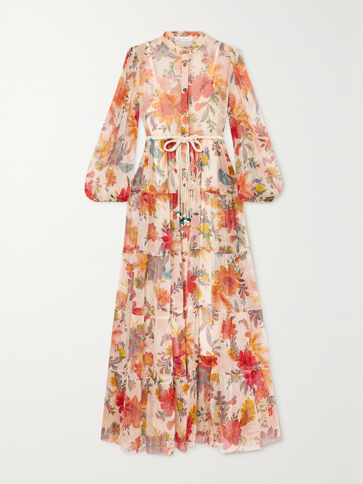 Zimmermann Belted Tiered Floral-print Recycled-georgette Maxi Dress In Ecru
