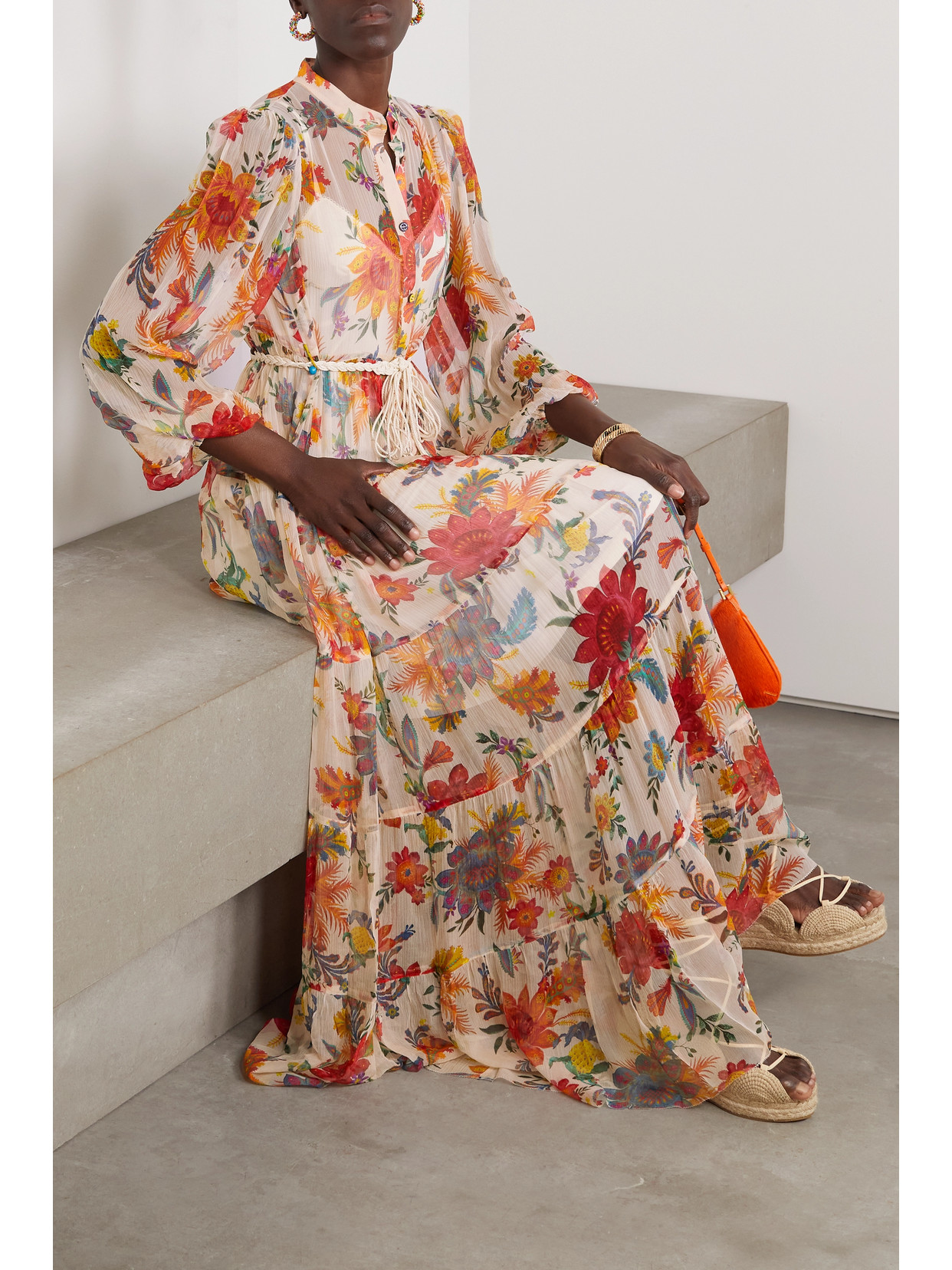 Zimmermann Belted Tiered Floral-print Recycled-georgette Maxi Dress In Ecru