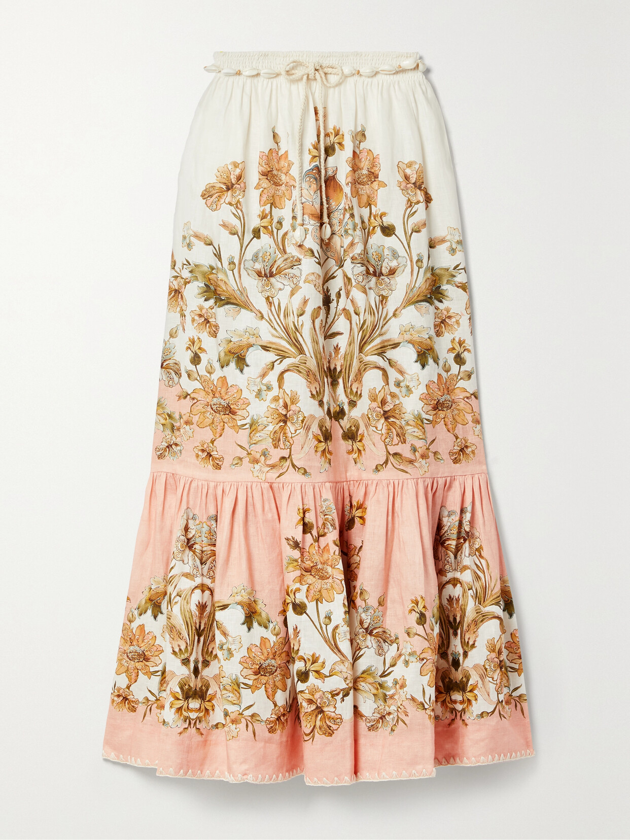 Zimmermann - Chintz Belted Tiered Floral-print Linen Midi Skirt - Pink