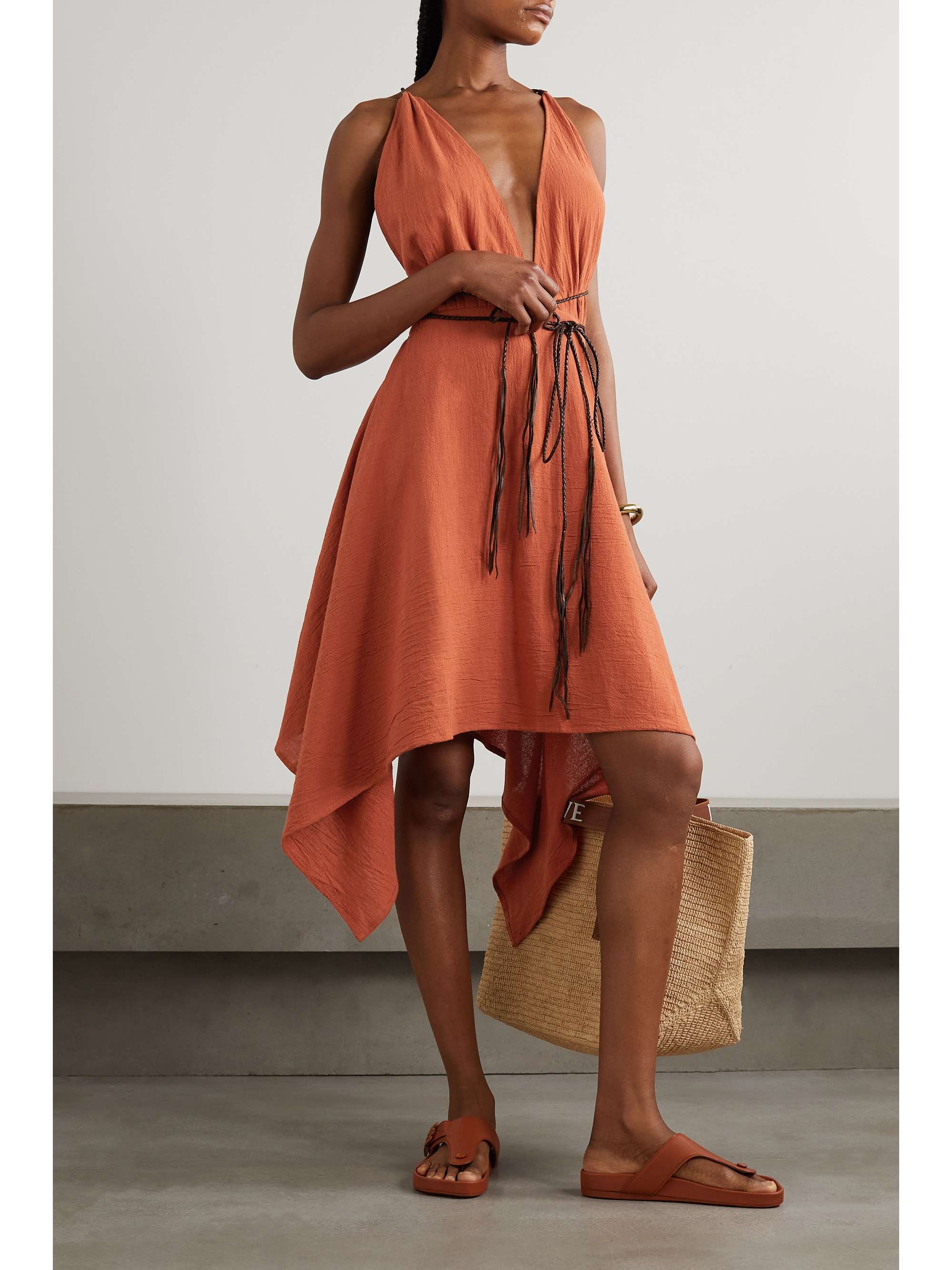 CARAVANA + NET SUSTAIN Charki leather-trimmed cotton-gauze dress