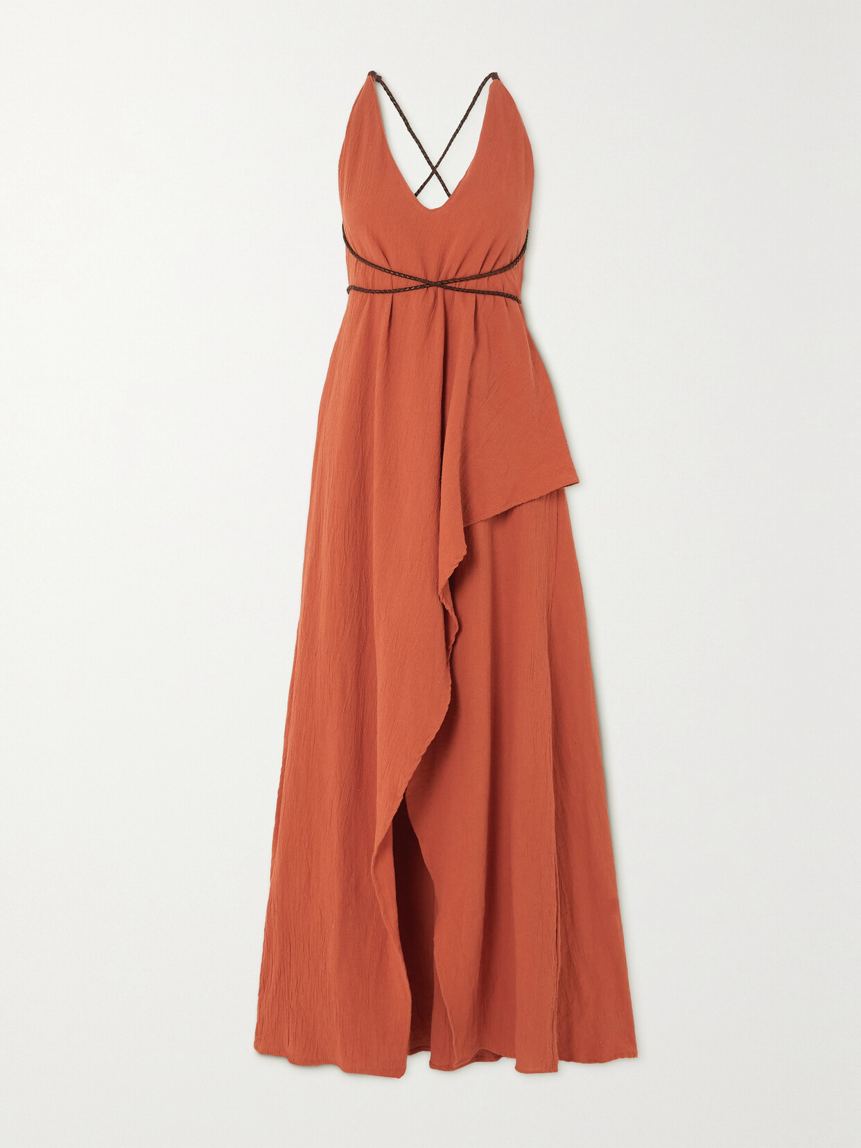 Caravana + Net Sustain Pakaku Asymmetric Leather-trimmed Cotton-gauze Maxi Dress In Orange