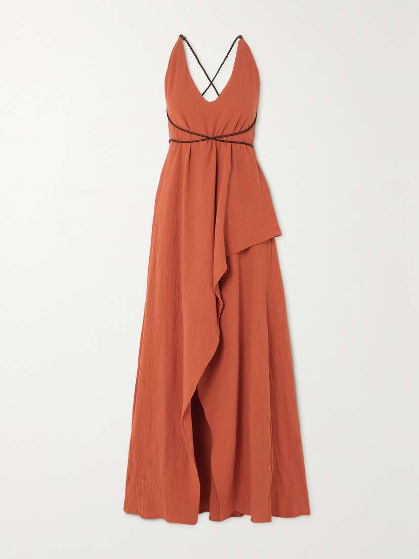 Caravana + Net Sustain Pakaku Asymmetric Leather-trimmed Cotton-gauze Maxi Dress