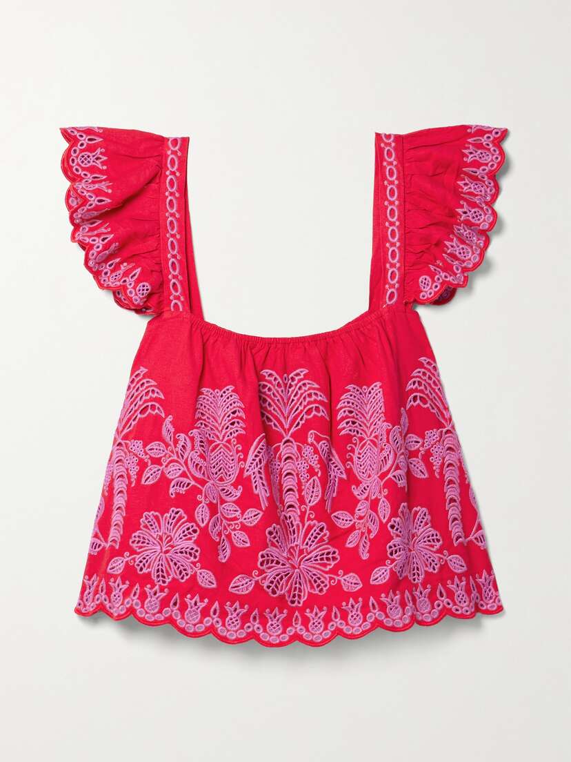 Farm Rio Richelieu Embroidered Broderie Anglaise Linen-blend Top - x large