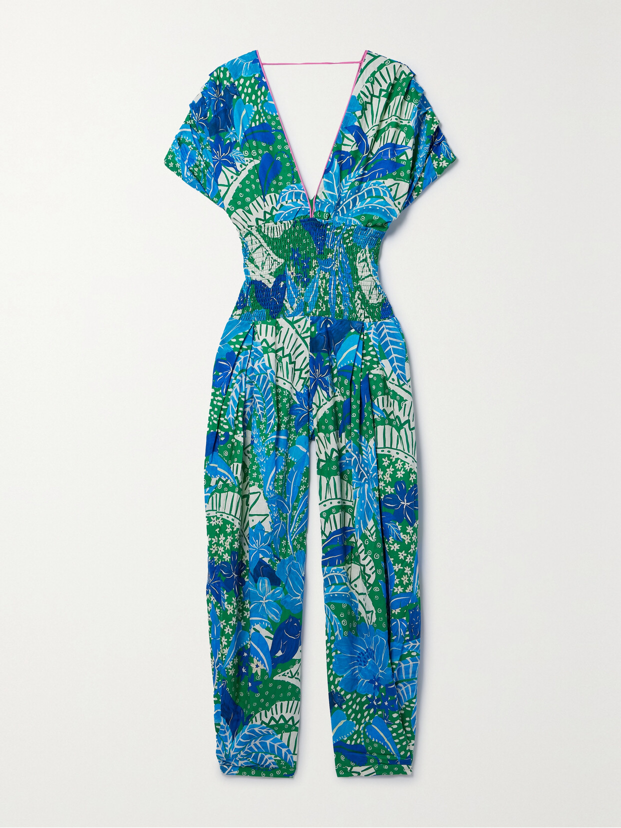 Farm Rio - Shirred Printed Linen Jumpsuit - Blue