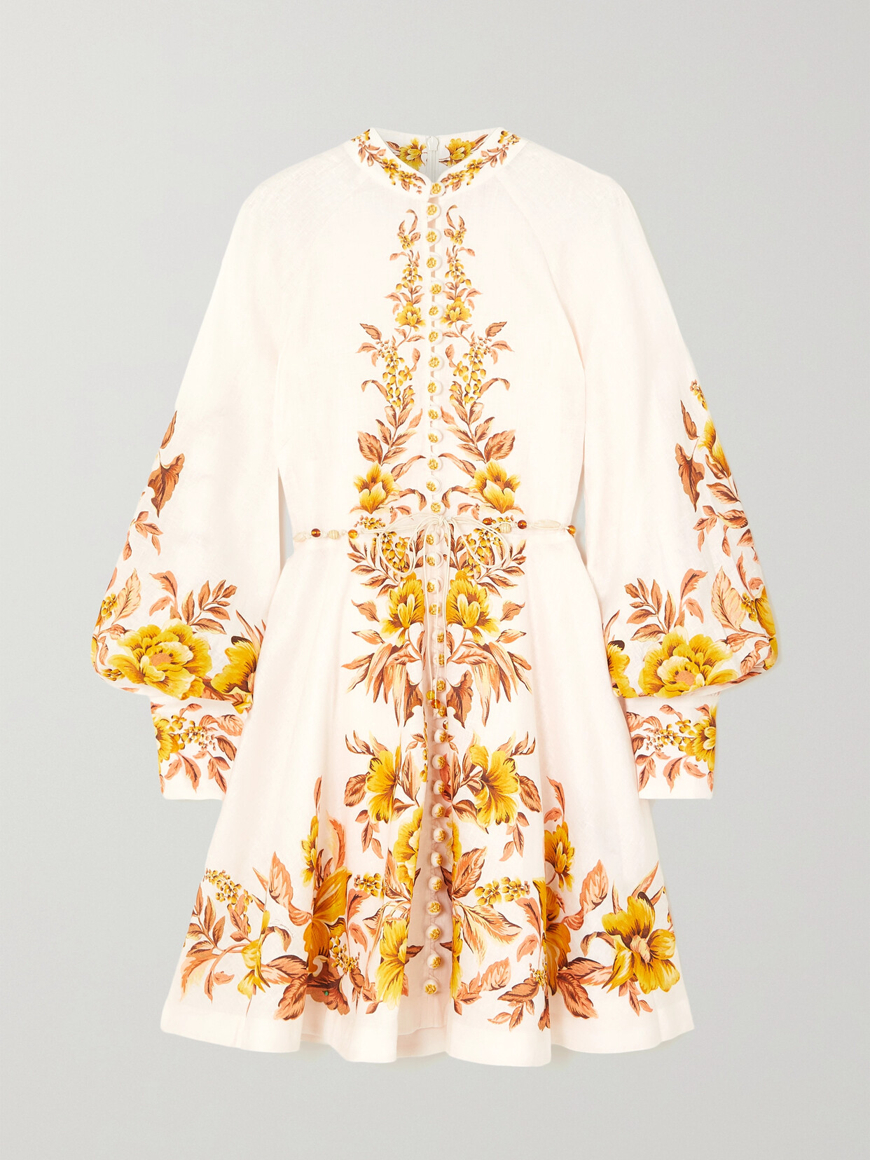 Zimmermann - Vacay Beaded Belted Floral-print Linen Mini Dress - White