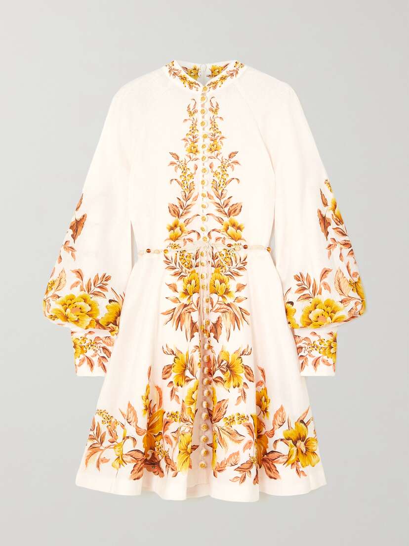 Zimmermann Vacay Beaded Belted Floral-print Linen Mini Dress
