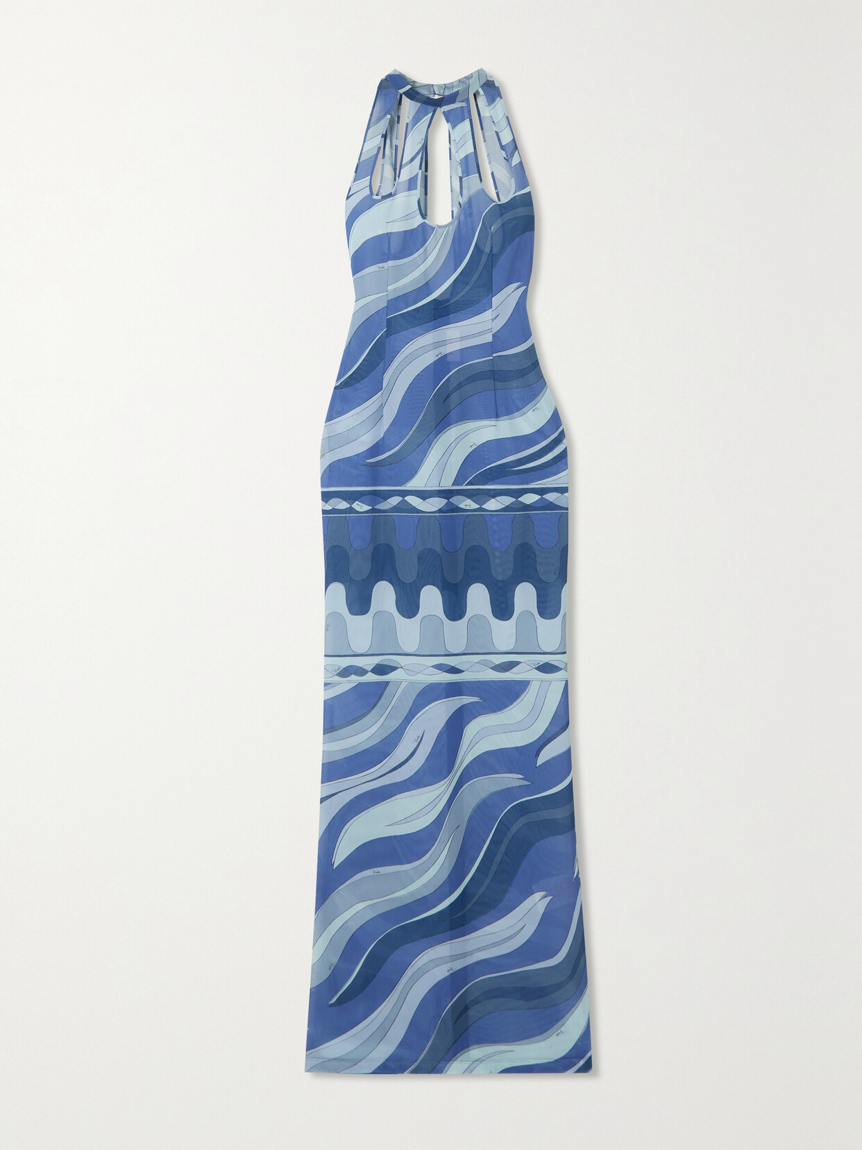 Pucci Cutout Printed Stretch-mesh Maxi Dress In Blue