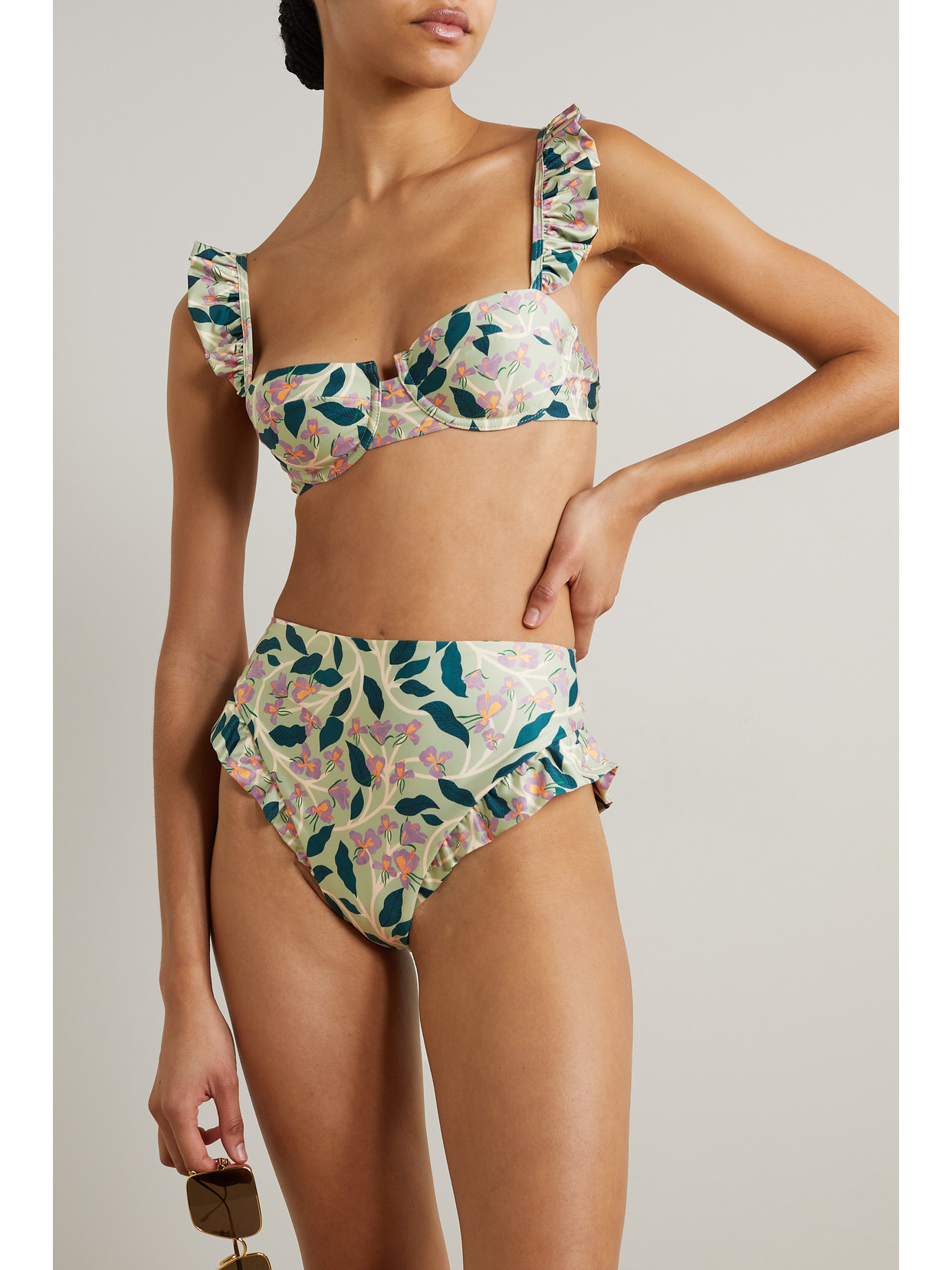 Shop Agua By Agua Bendita + Net Sustain Kiwi Ruffled Floral-print Recycled Underwired Bikini Top In Multi