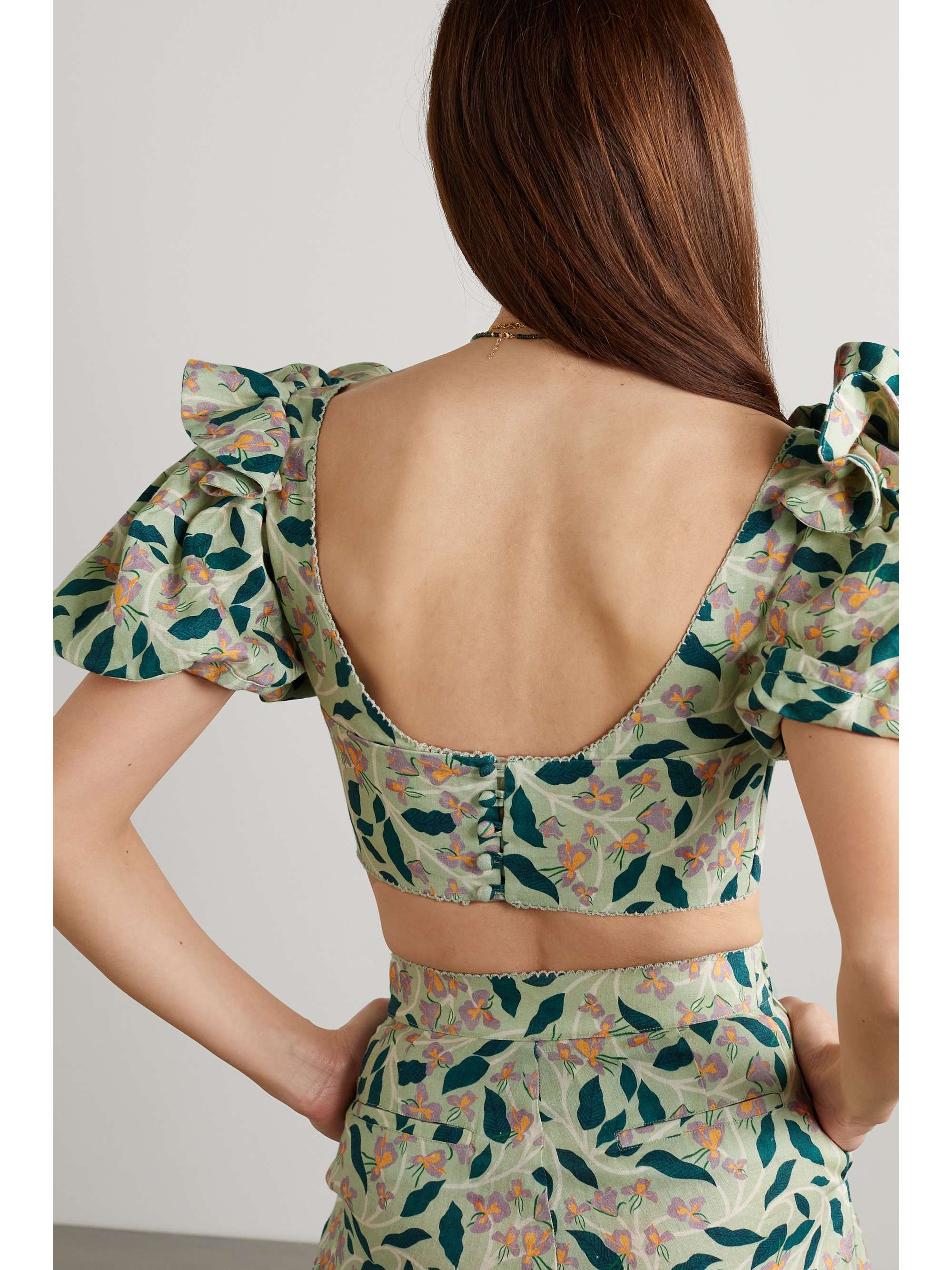 AGUA BY AGUA BENDITA Nova cropped floral-print linen blouse