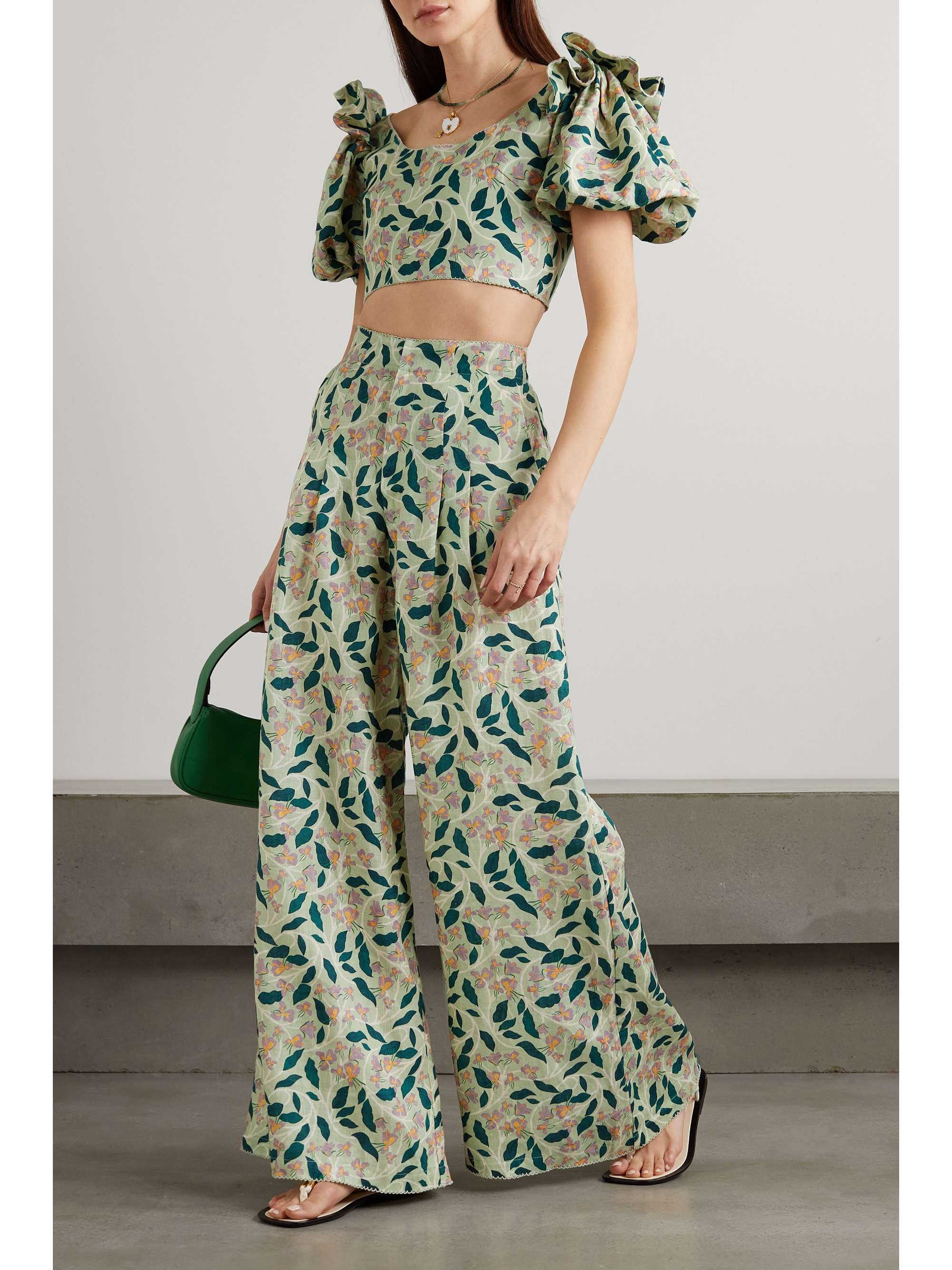 AGUA BY AGUA BENDITA Nova cropped floral-print linen blouse