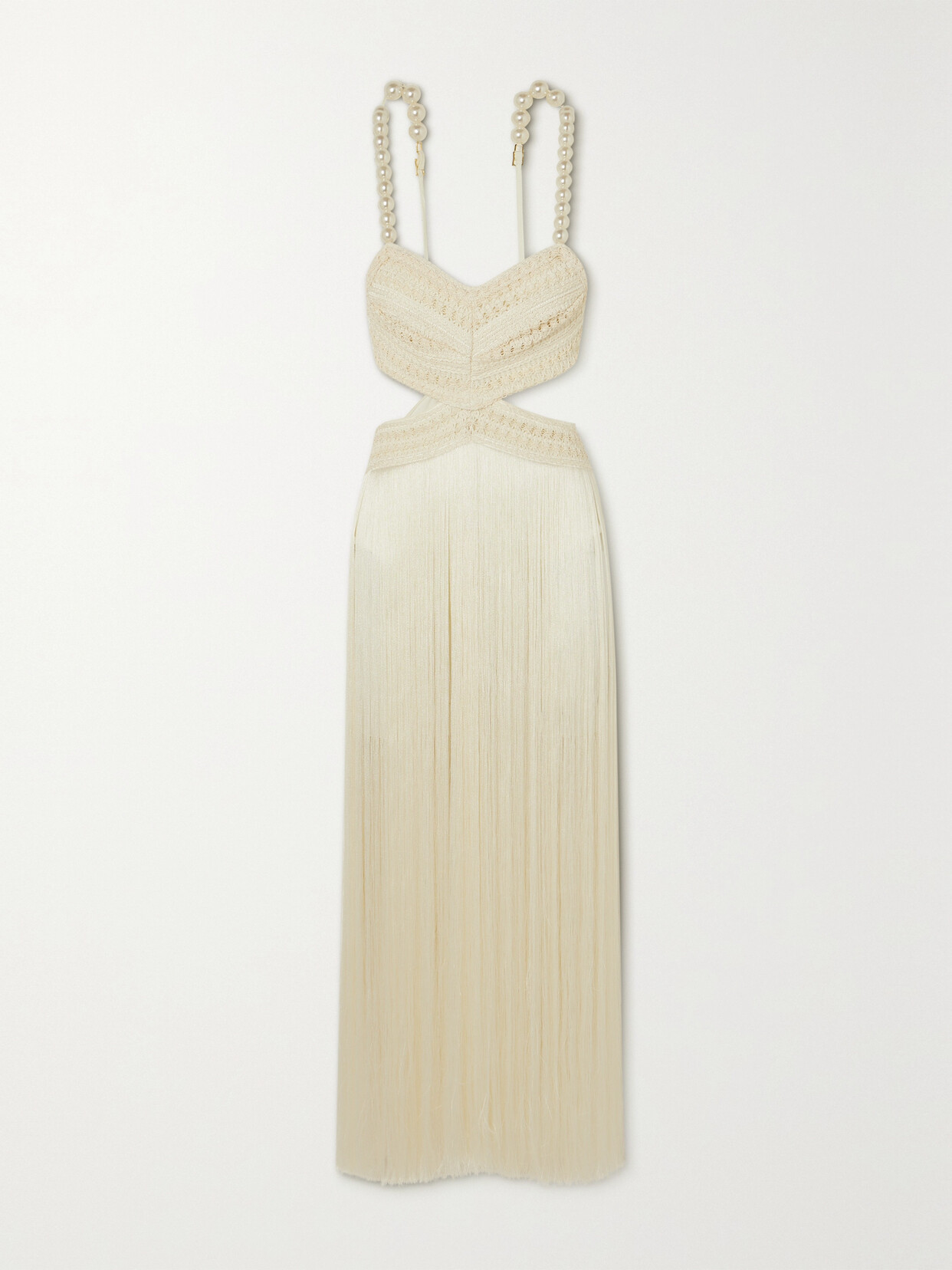 Patbo Faux Pearl-embellished Crocheted Fringed Satin Maxi Dress In White