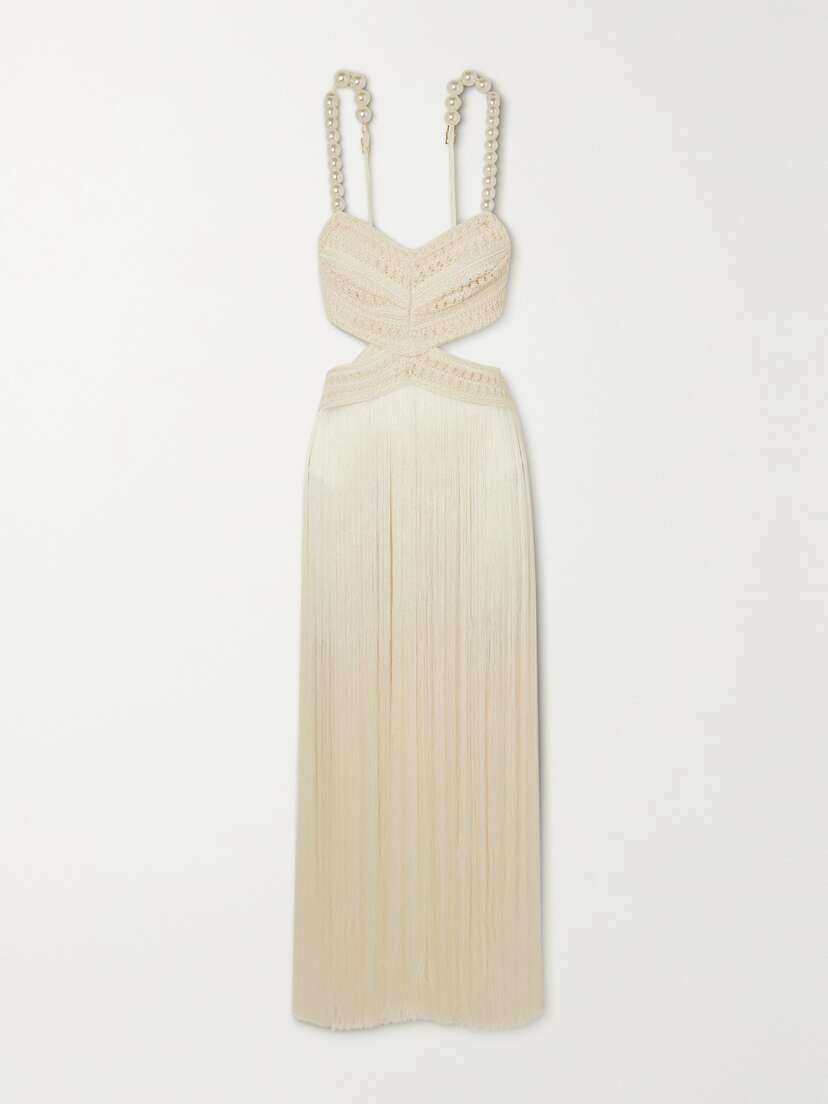 PatBo Faux Pearl-embellished Crocheted Fringed Satin Maxi Dress