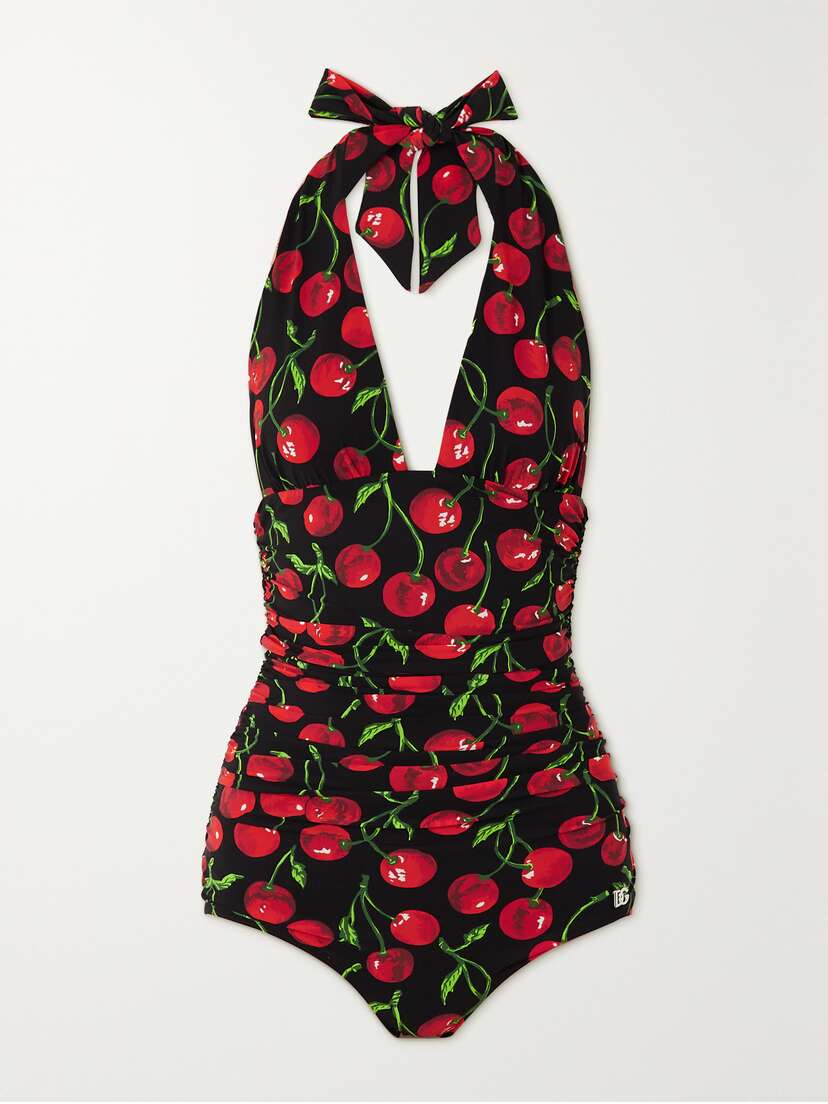 Dolce & Gabbana Ruched Printed Halterneck Swimsuit