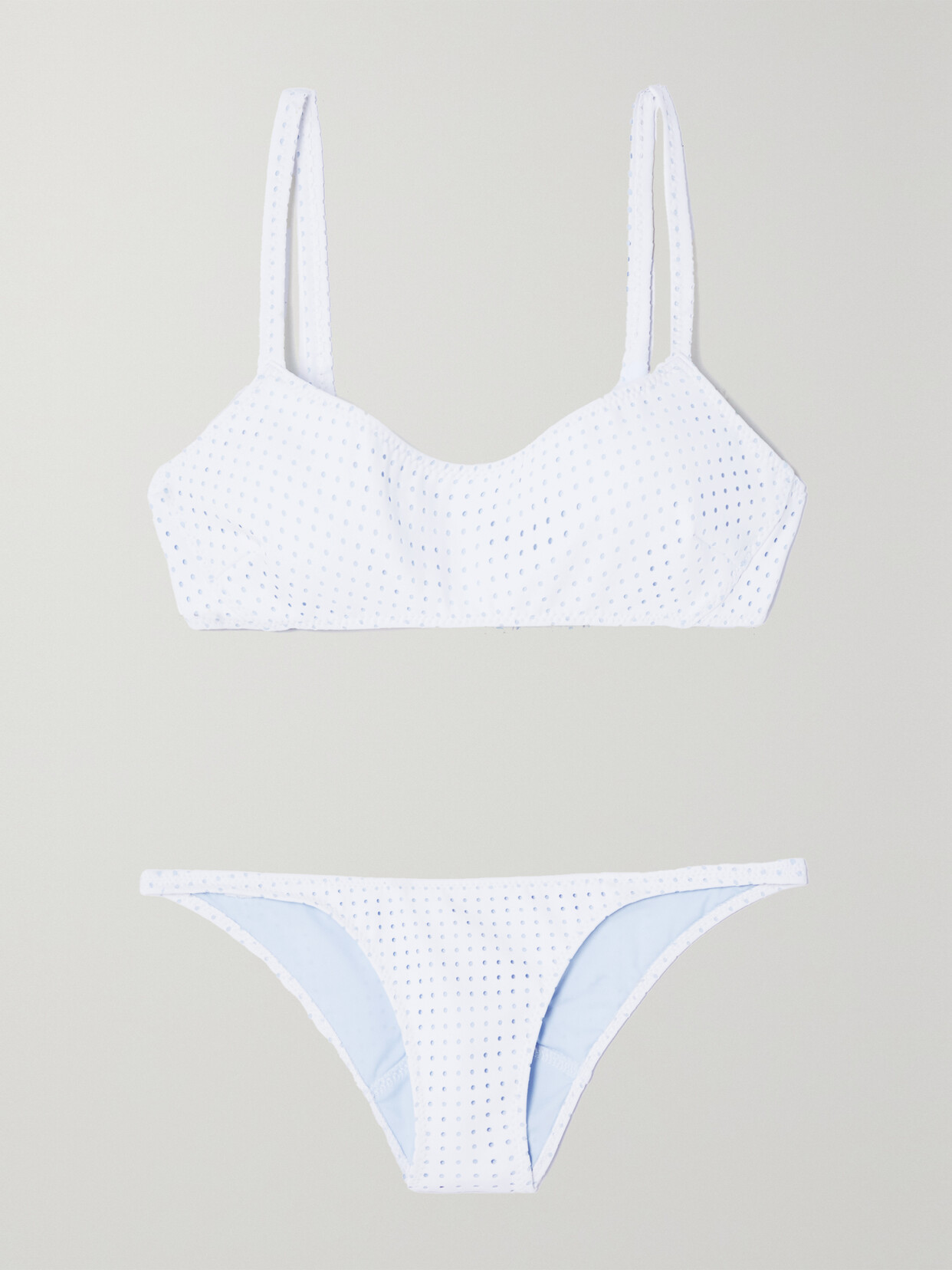 THE KK BIKINI in WHITE & PALE BLUE PERFORATED BONDED – Lisa Marie Fernandez