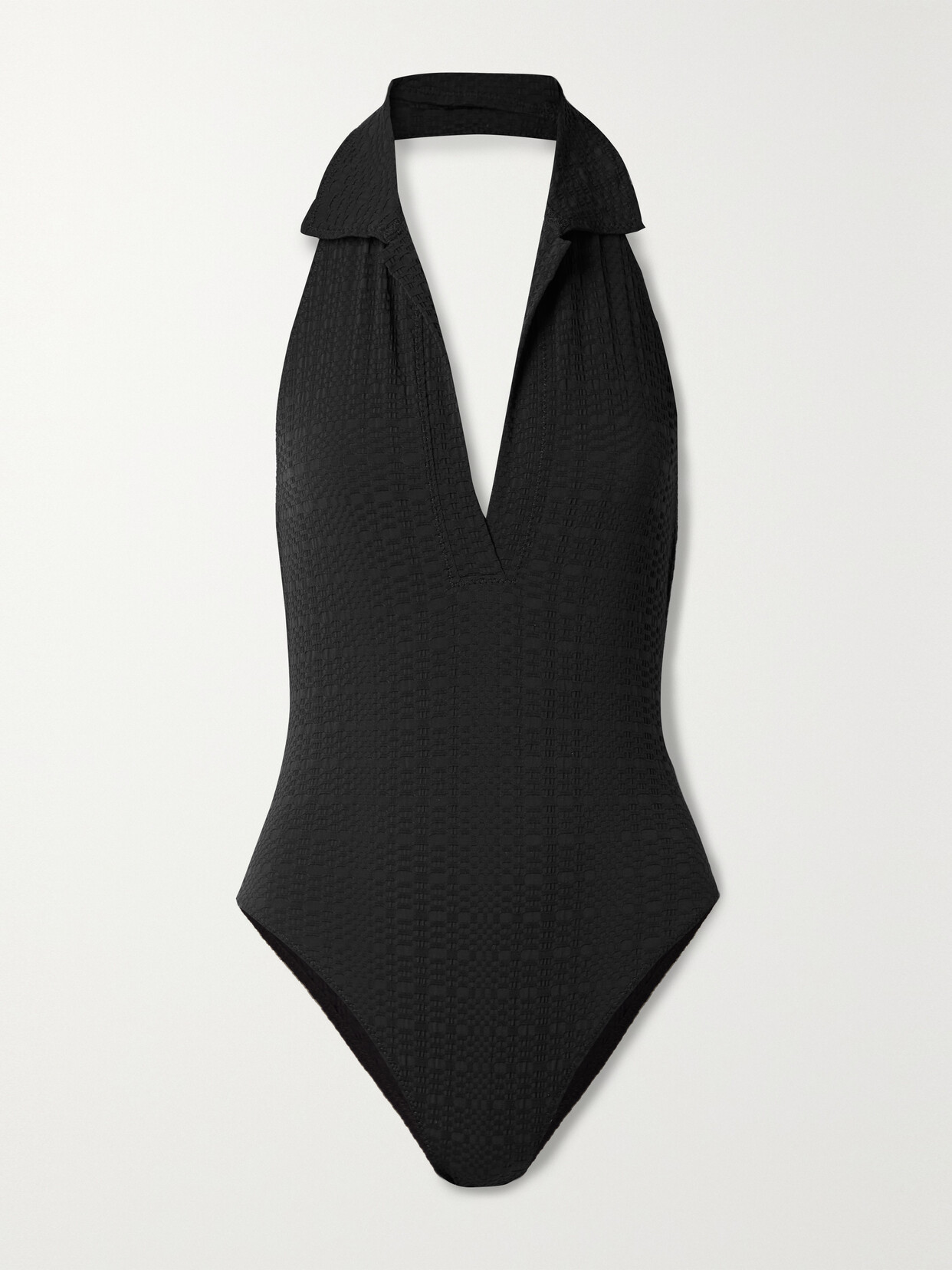 LISA MARIE FERNANDEZ + NET SUSTAIN POLO SEERSUCKER HALTERNECK SWIMSUIT